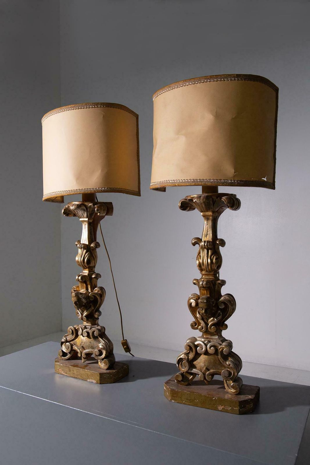 Pair Of Antique Wooden Lamps, Gilded By Pietro Cipriani photo for sale