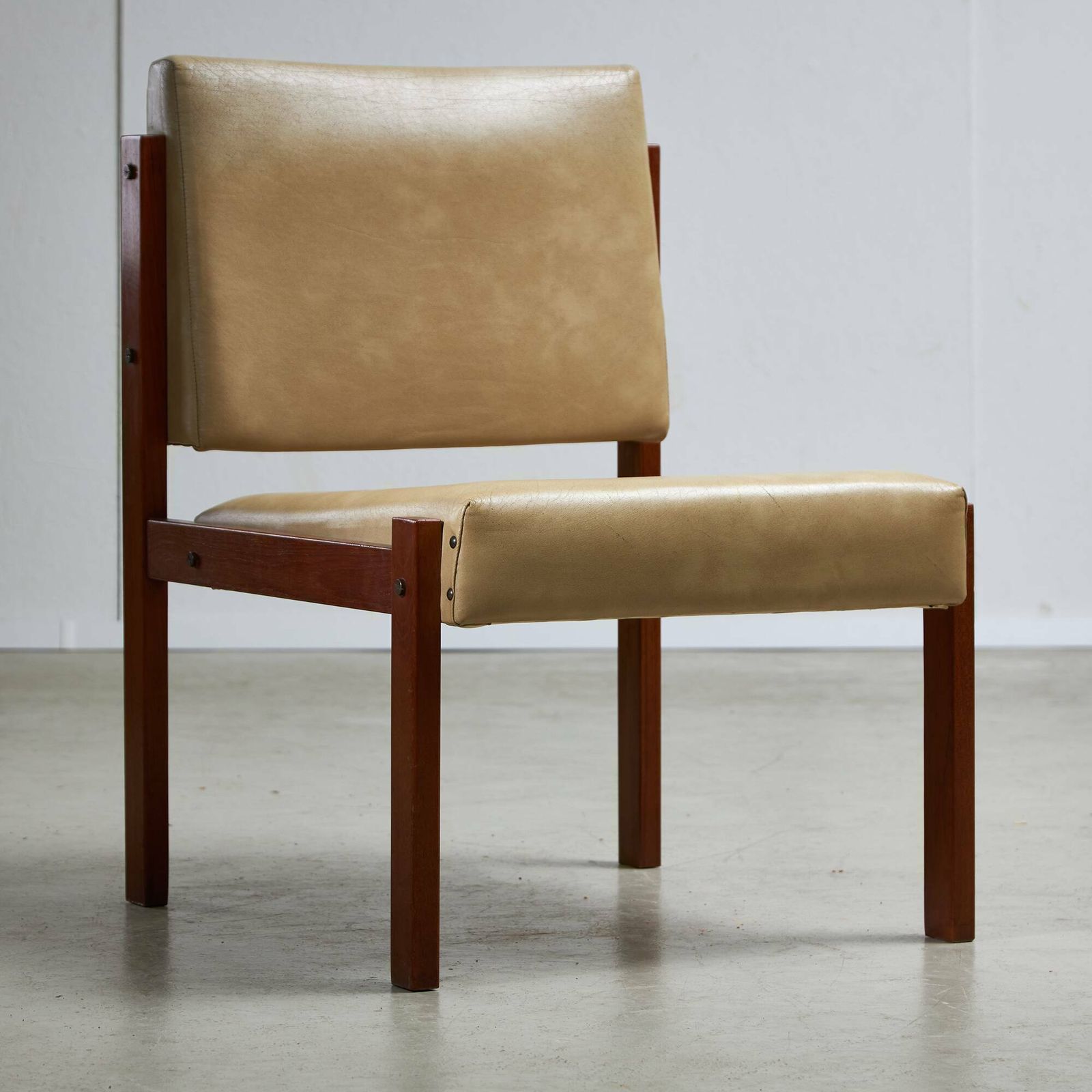 photo for sale Angular Chair In Teak Wood And Leather With Copper Details, 1970s