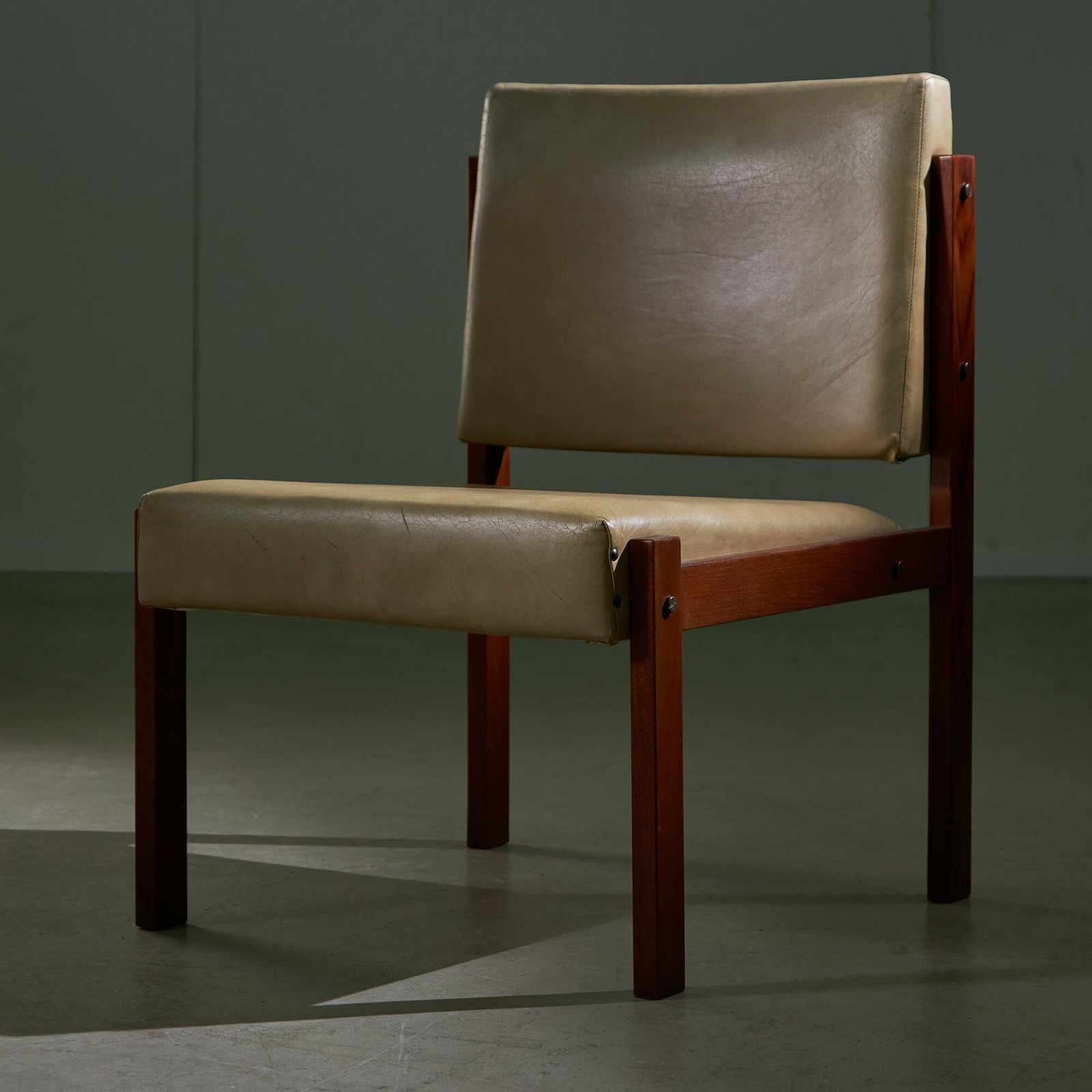 photo buy Angular Chair In Teak Wood And Leather With Copper Details, 1970s