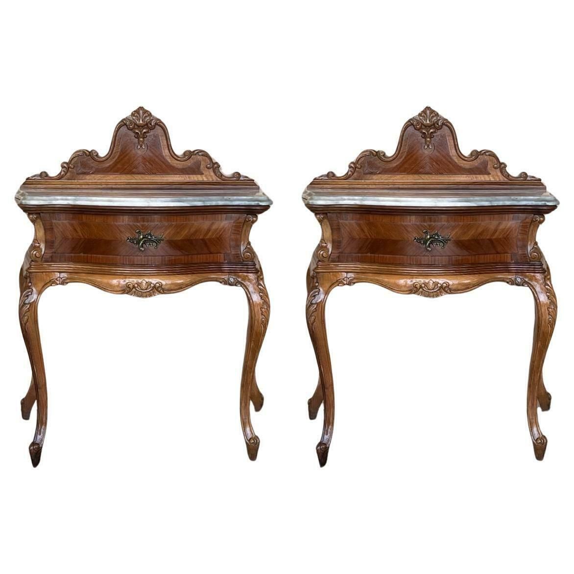 French Pair Of Nightstand Tables With Crest & Carved Drawer And Cabriole Legs