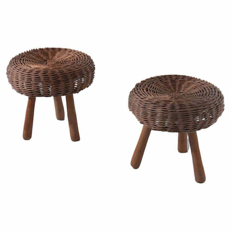 Wicker And Wood Couple Stools By Tony Paul