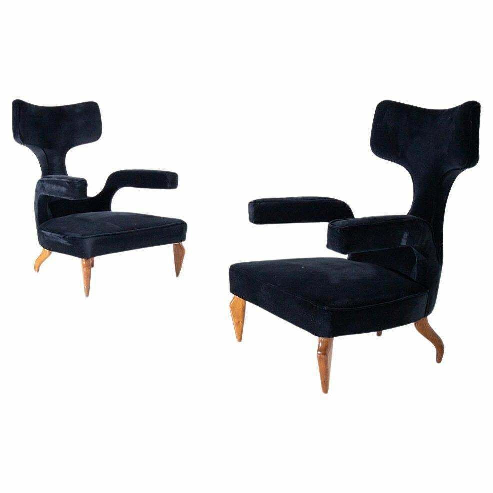 Pair Of Zavanella Wood And Black Velvet Chairs