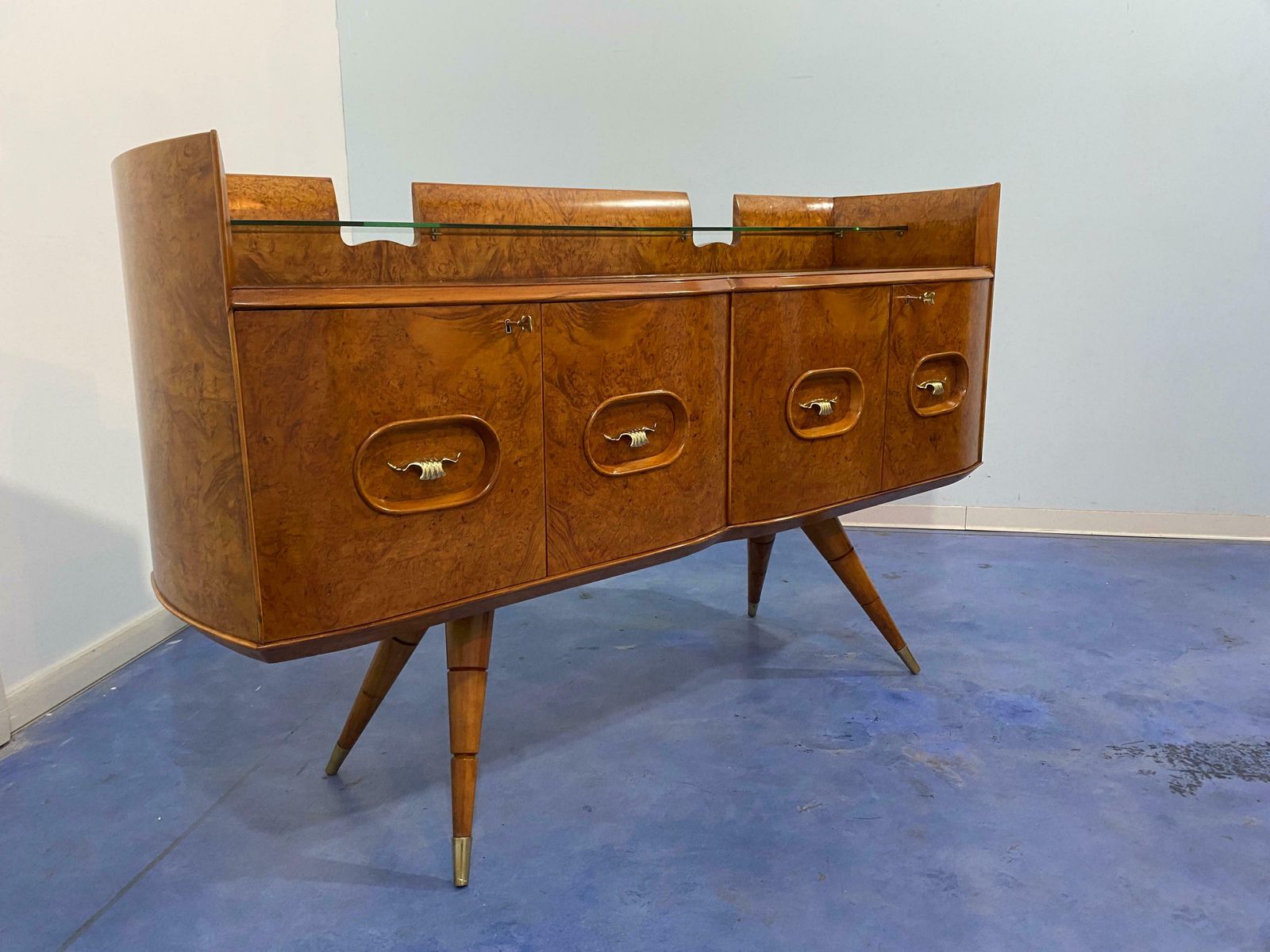 photo for sale Italian Mid Century Sideboard Honey Color In Birch Wood, 1950s