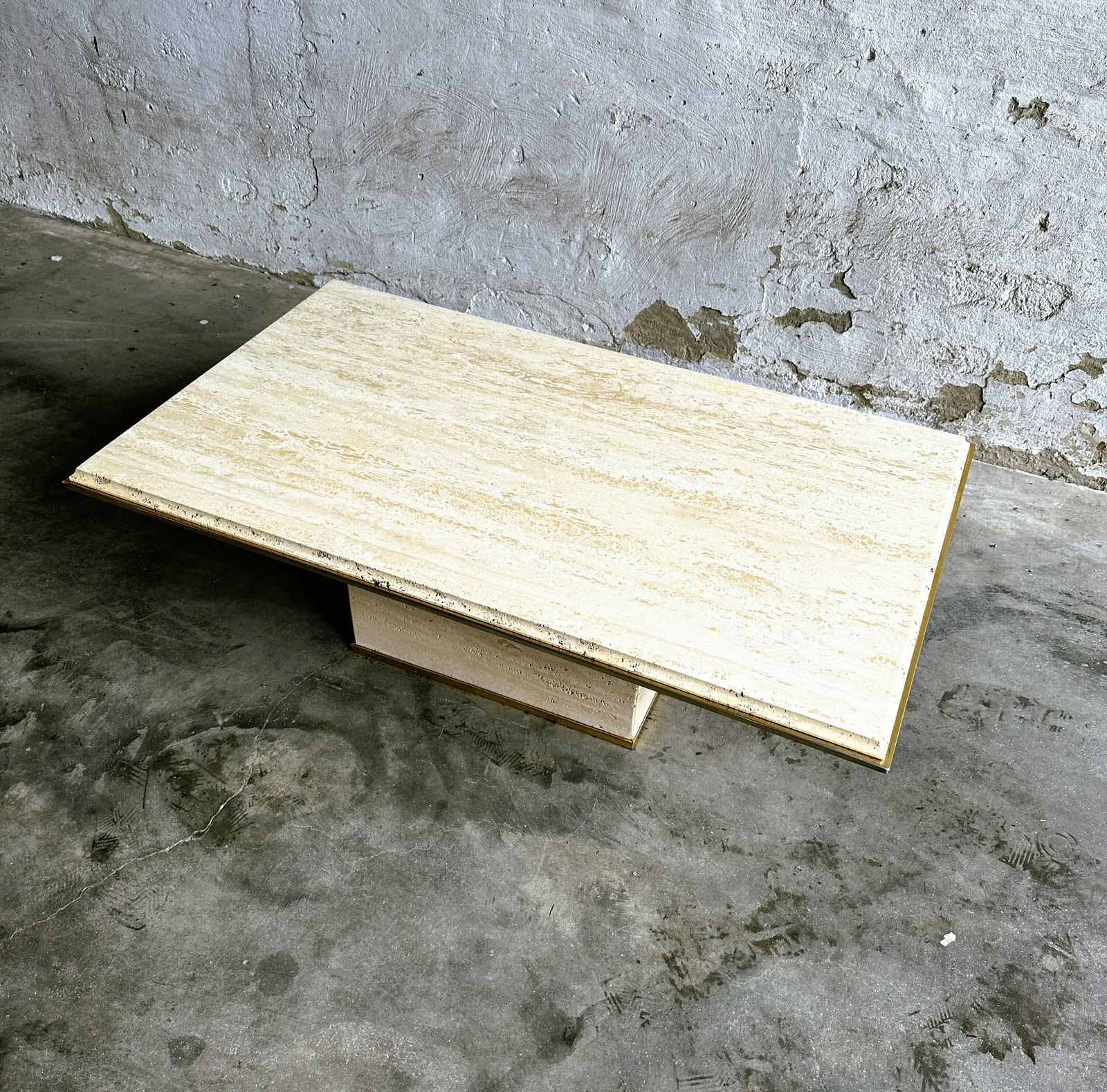Vintage Travertin Coffee Table With Brass Rim, France 1980s. photo Furniture