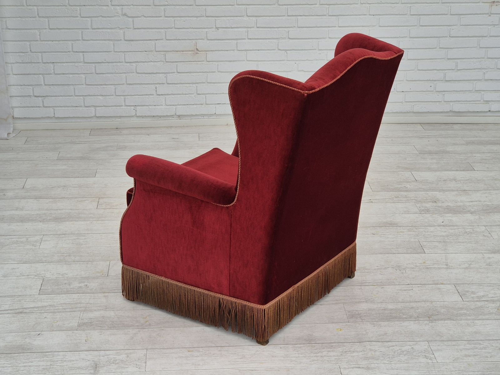 1970s, Danish Highback Wingback Armchair, Original Condition, Furniture Velour, Ash Wood. photo furniture