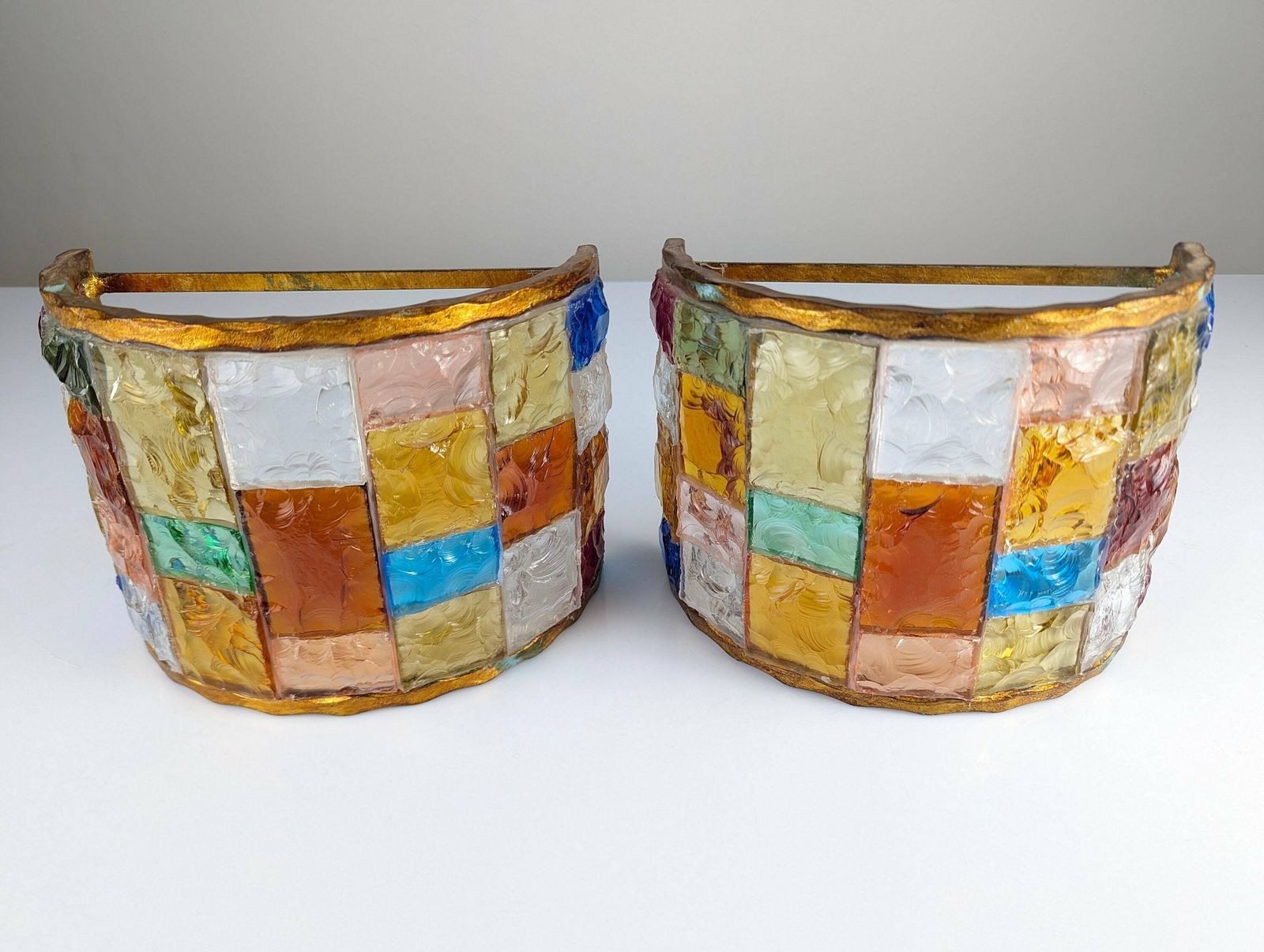 Pair Of Multicolored Hammered Glass And Wrought Iron Sconces By Longobard, Italy, 1970s photo vinterior