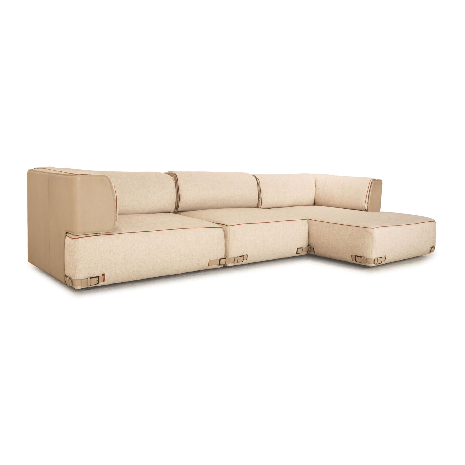 photo furniture Fendi Soho Element Stof Leer Hoekbank Beige Bruin Module Recamiere Rechts Nieuwe Bekleding Door Toan Nguyen