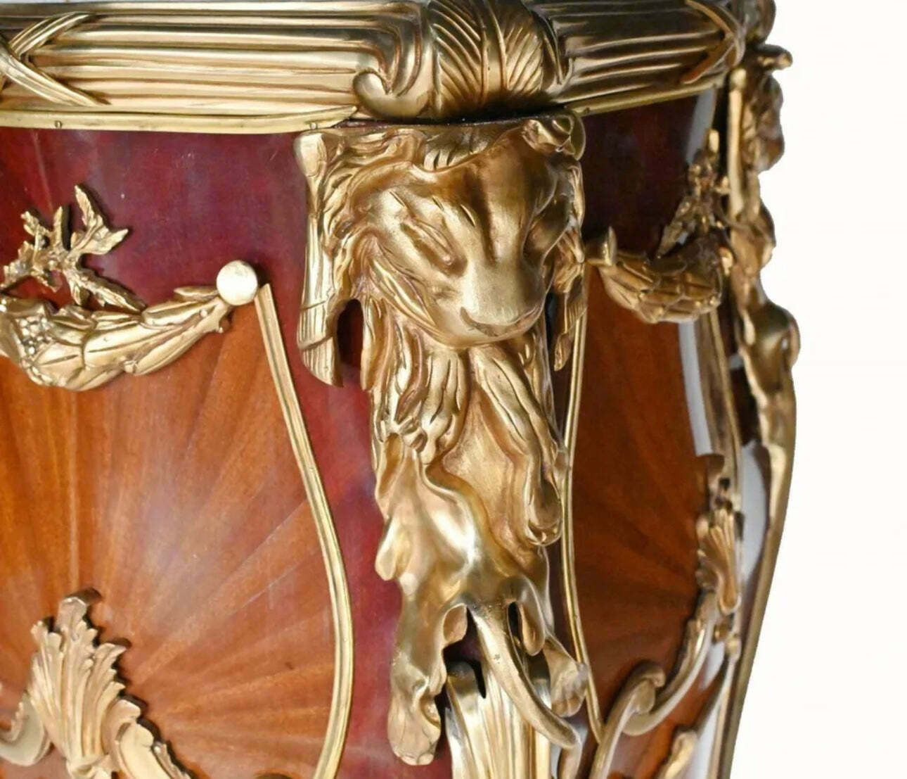 Pair Of, Antique Inlaid Marble Top Pot Stands With Bronze Detailing photo for sale