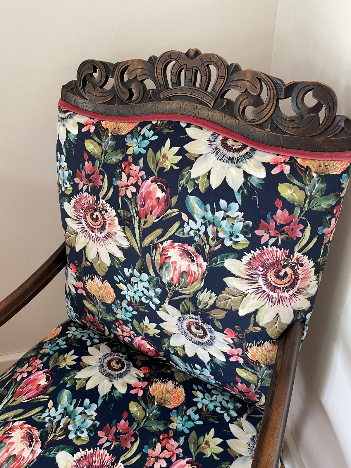 Antique Crown Throne Armchair In Upholstered Floral Fabric photo furniture