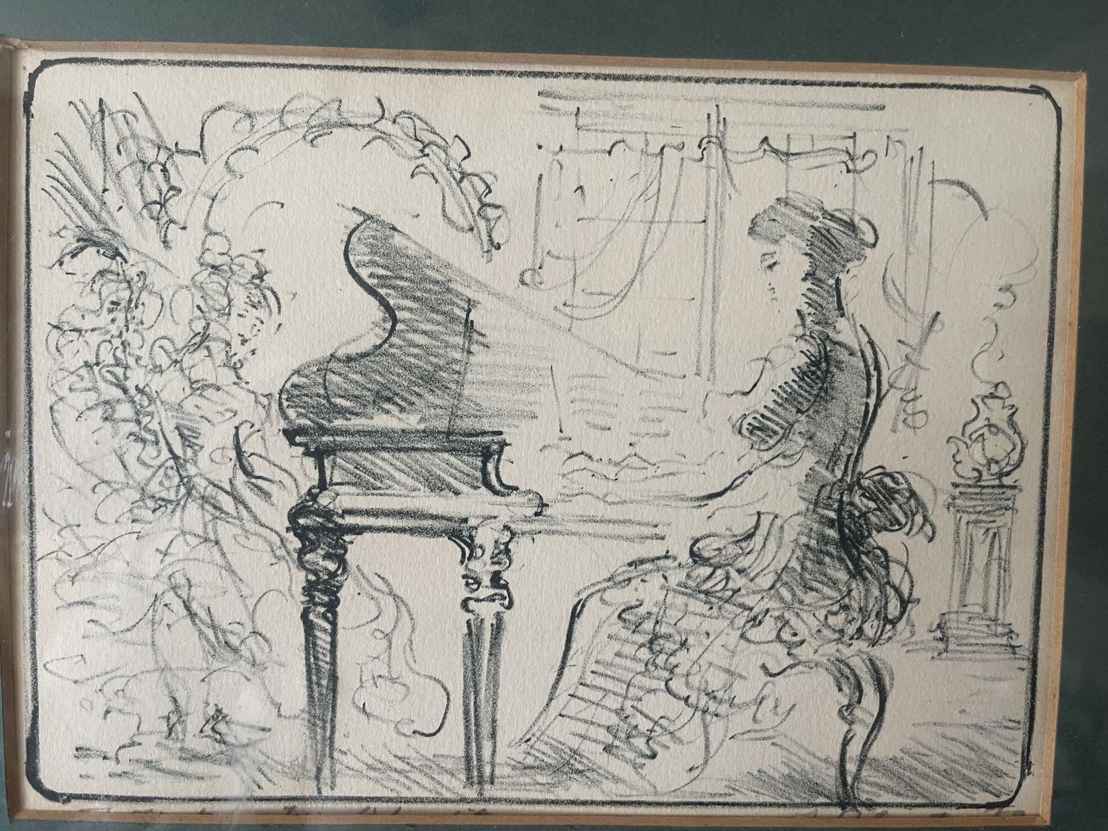 Sketch Of Victorian Lady Playing Piano Unsigned photo furniture
