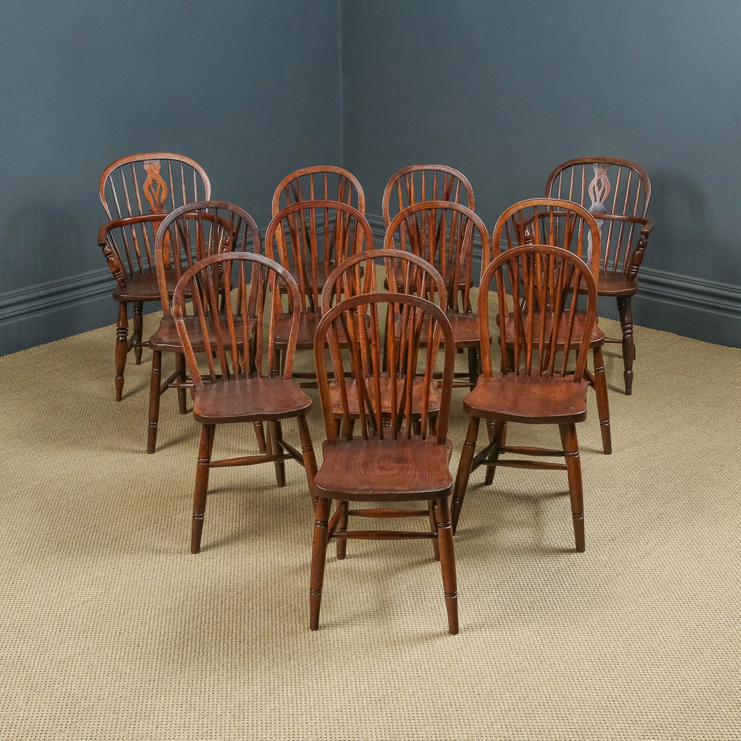 Set Of 12 Twelve Victorian Ash & Elm Windsor Stick & Hoop Back Kitchen Dining Chairs (Circa 1870 – 1930)