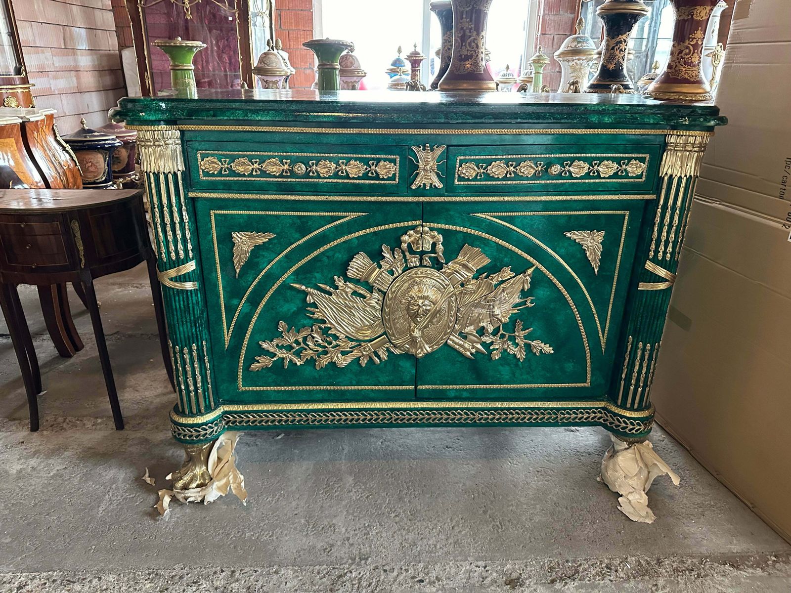 Very Rare, Green Malachite Painted Marble Top French Buffet/Sideboard (Pair Available)