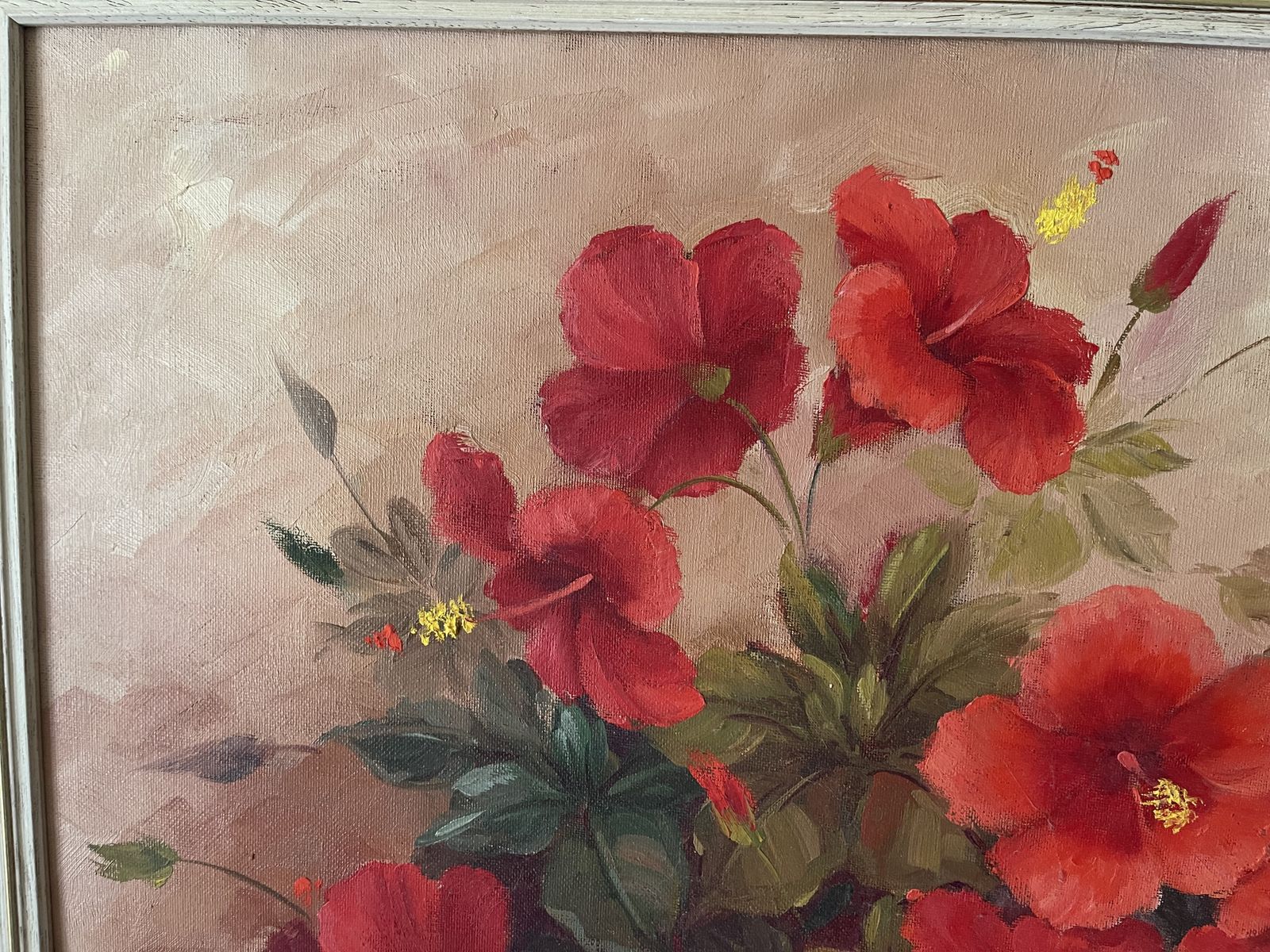 Signed Oil Painting Of A Flowering Red Hibiscus Plant photo for sale