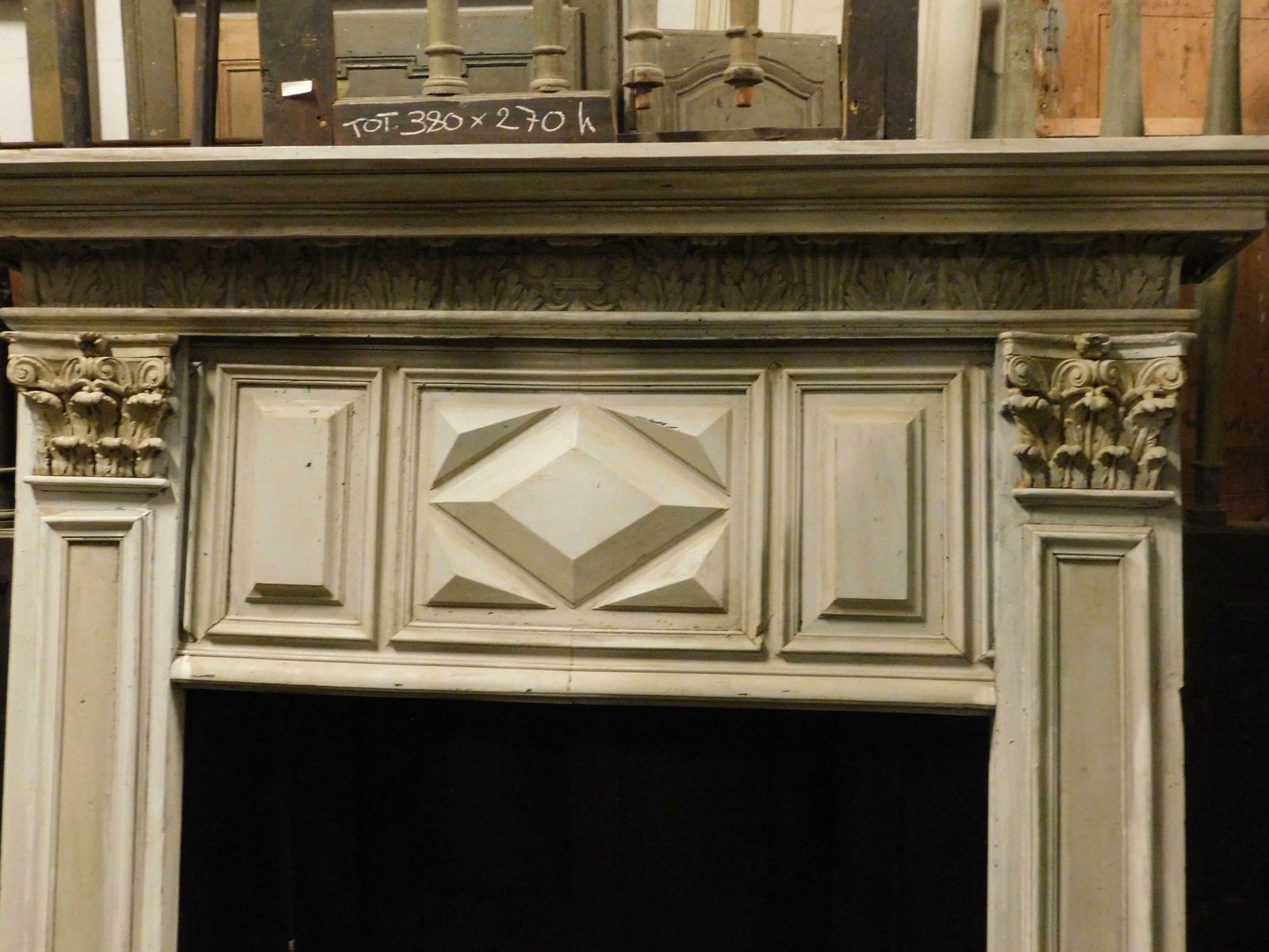 Fireplace In Gray Lacquered Wood With Sculpted Panels, Italy photo vinterior