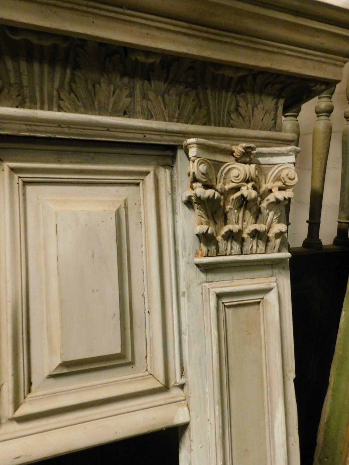 photo for sale Fireplace In Gray Lacquered Wood With Sculpted Panels, Italy