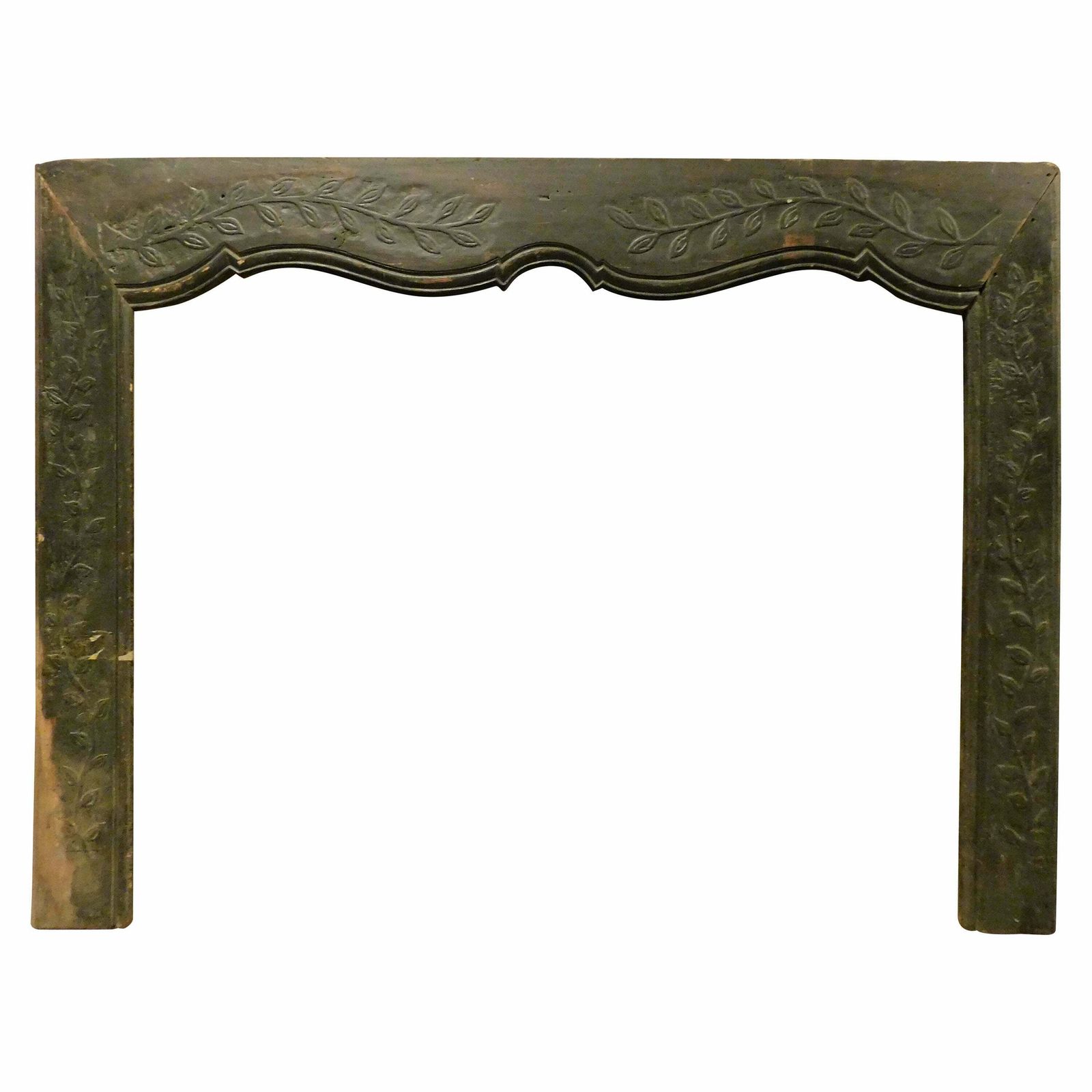 Fireplace Mantle In Black Lacquered Solid Wood With Floral Carvings, Italy