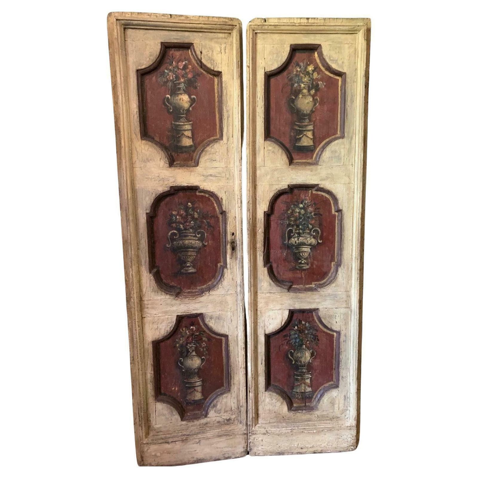 Set Of 2 Hand Painted Wooden Double Doors, 6 Cream And Red Panels, Florence