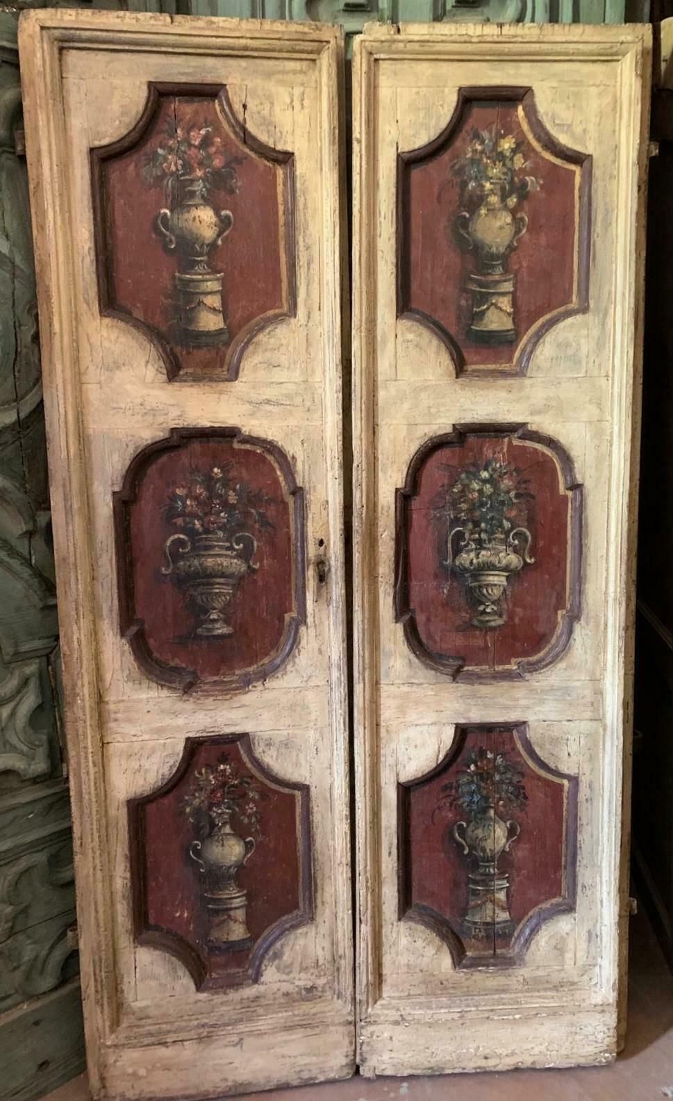 Set Of 2 Hand Painted Wooden Double Doors, 6 Cream And Red Panels, Florence photo for sale