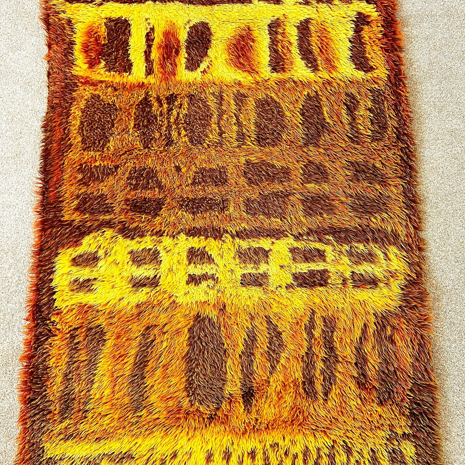 Mid Century Orange Brown Rug Rya, Vintage 70s Round Shag Style Rug, Retro 5ft X 3ft