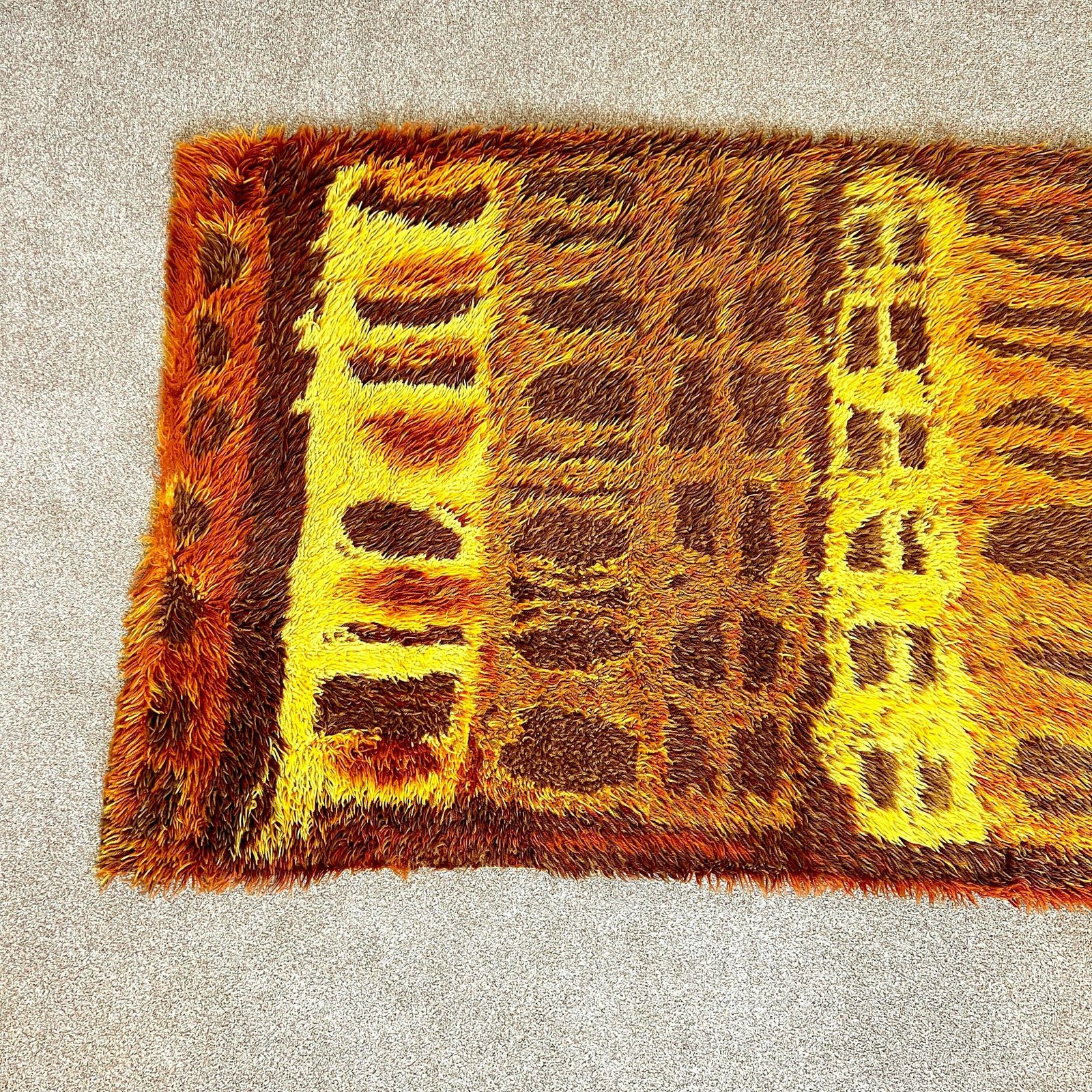 Mid Century Orange Brown Rug Rya, Vintage 70s Round Shag Style Rug, Retro 5ft X 3ft photo for sale