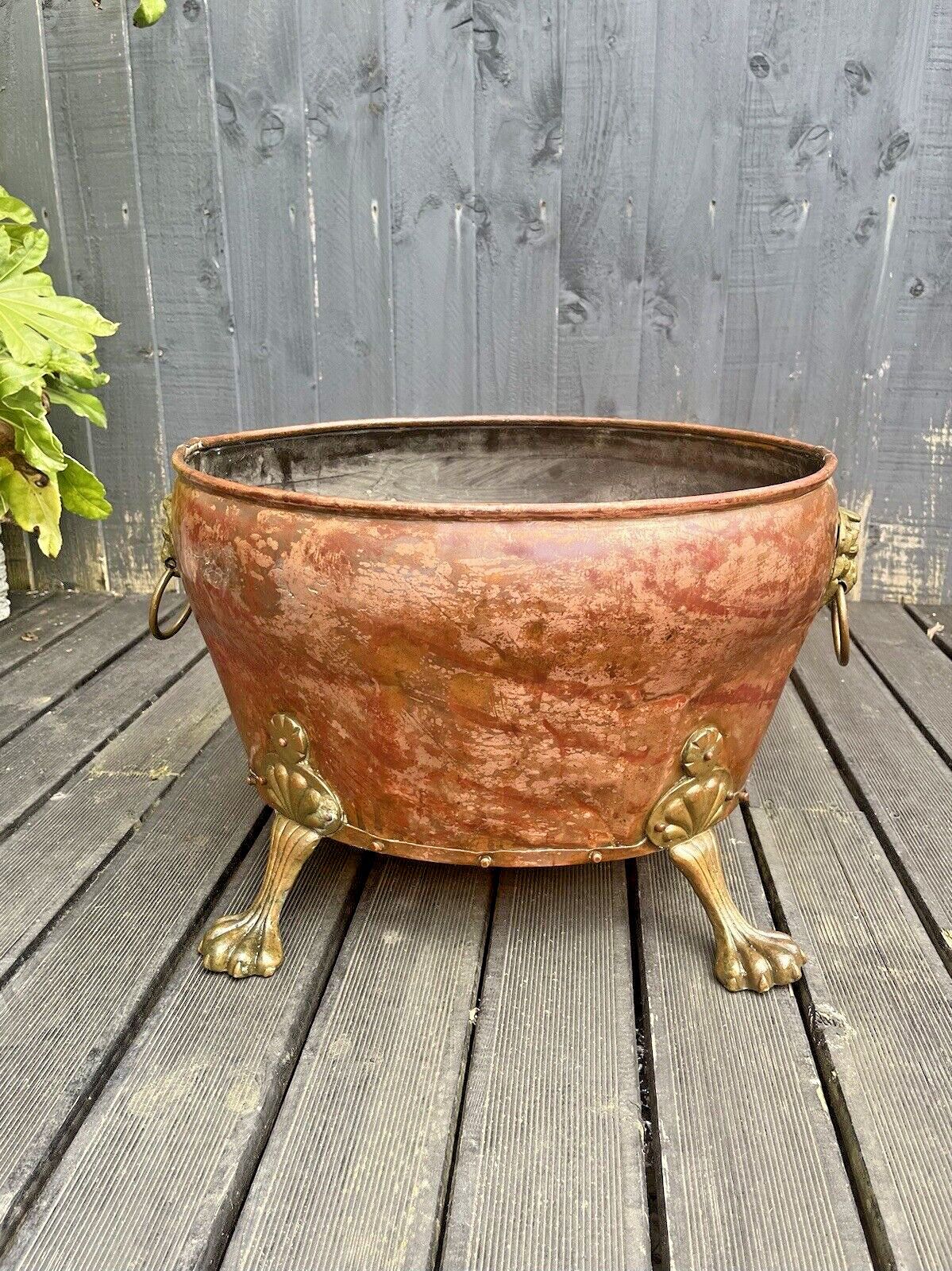 Large Antique Copper & Brass Lions Head Paw Feet Riveted Log Coal Bucket Planter photo 375.0