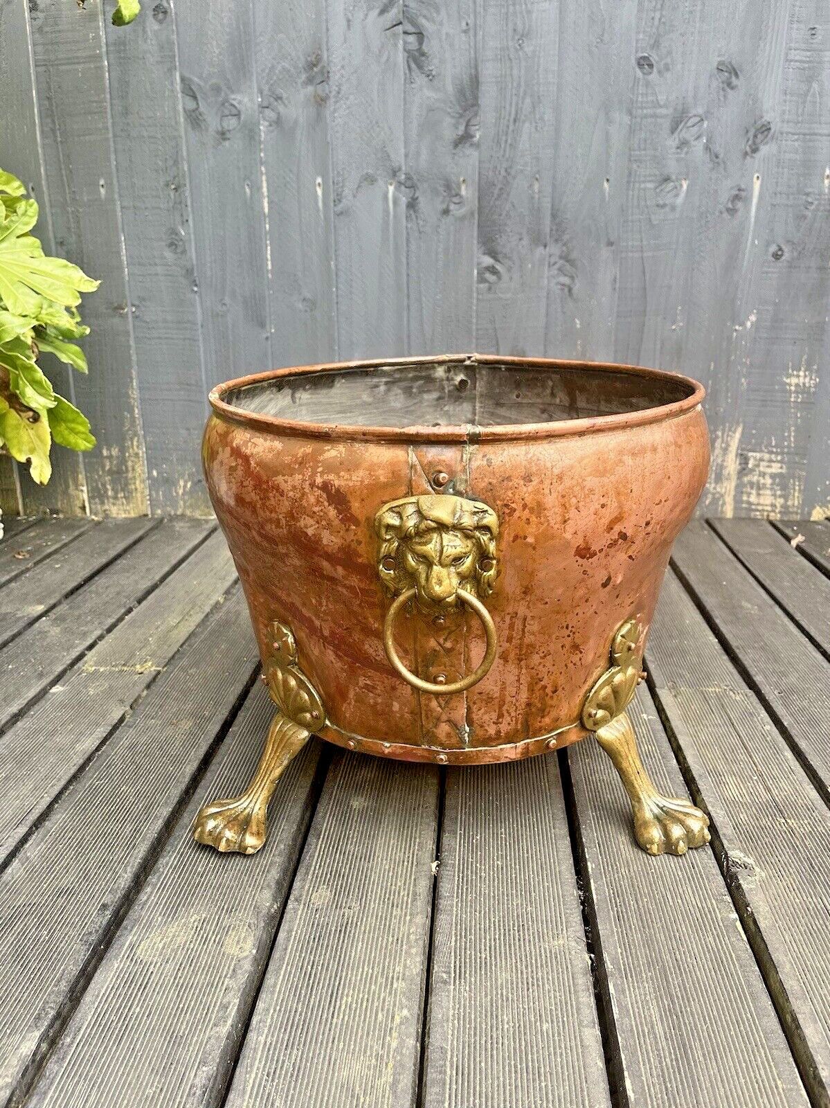 Large Antique Copper & Brass Lions Head Paw Feet Riveted Log Coal Bucket Planter photo buy