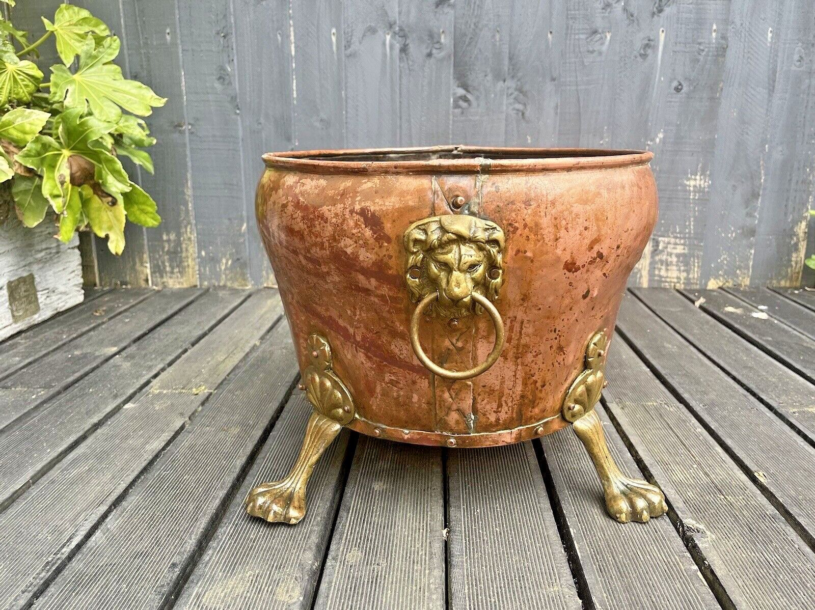 photo furniture Large Antique Copper & Brass Lions Head Paw Feet Riveted Log Coal Bucket Planter