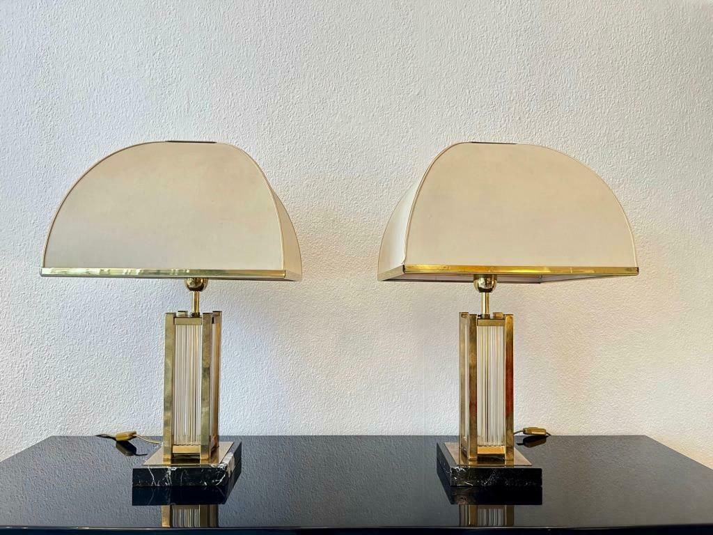 Pair Of Marble, Glass & Brass Table Lamps By Romeo Rega, Italy Ca. 1970s photo vinterior