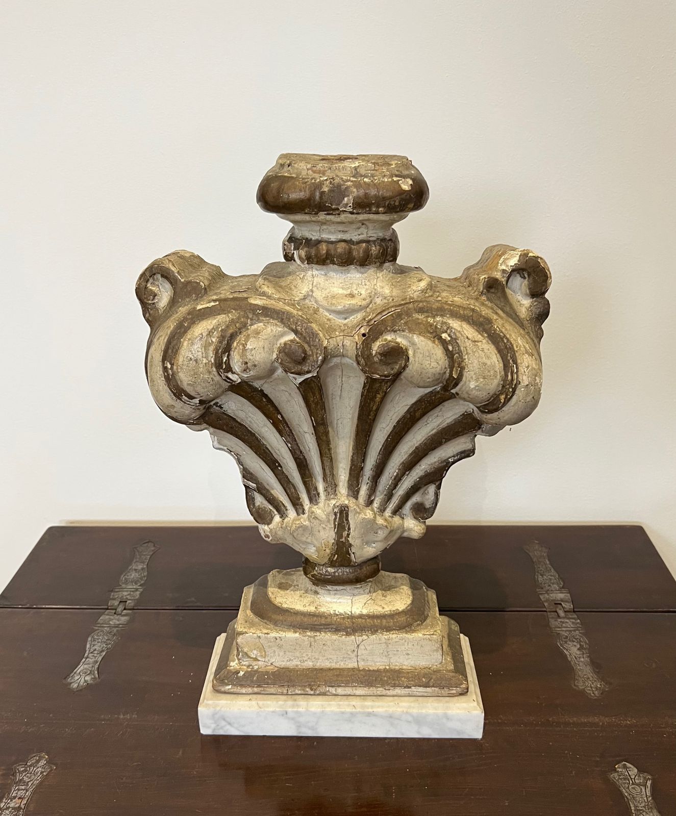 Decorative Element In Carved Wood On Carrara Marble Base