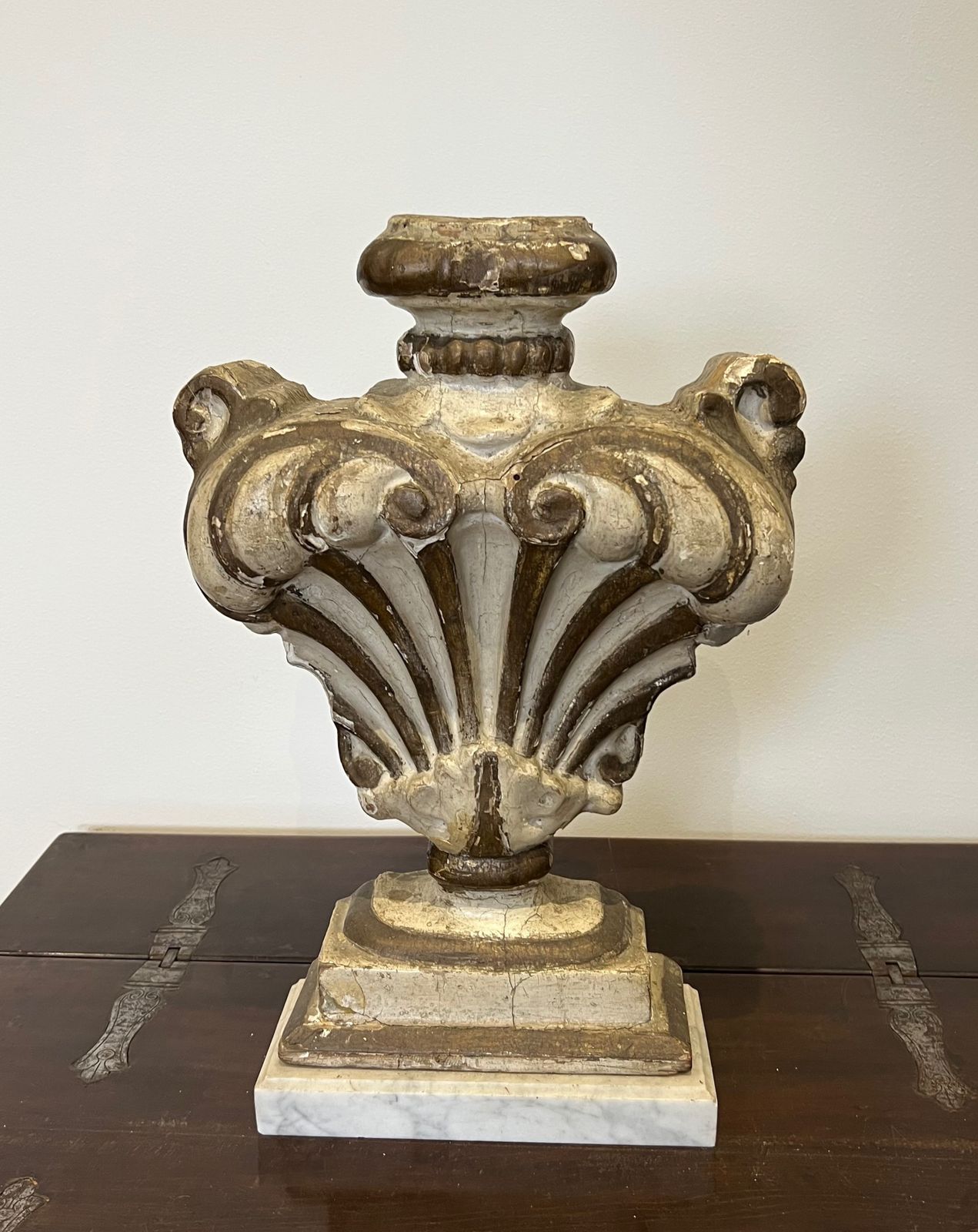 Decorative Element In Carved Wood On Carrara Marble Base photo vinterior