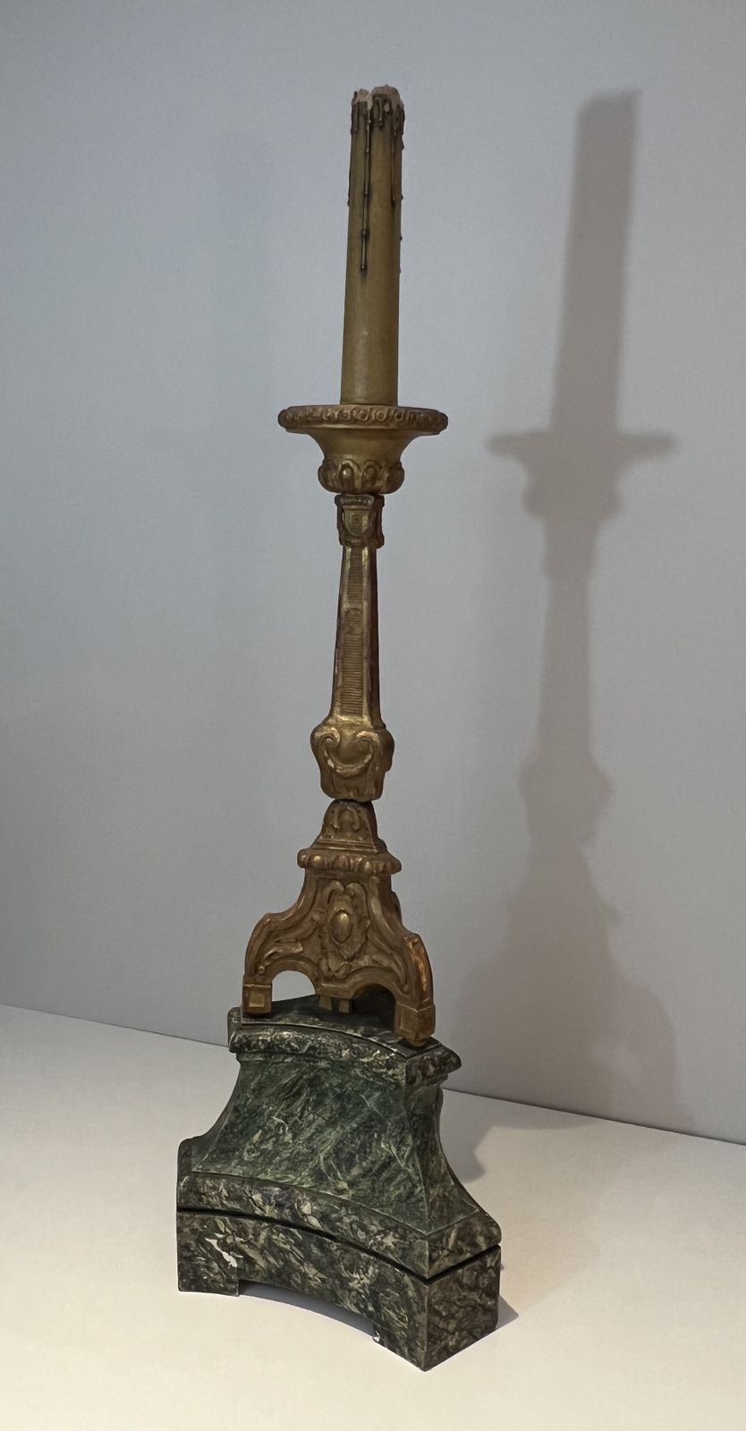 Large Candelabra In Carved Golden Wood On Patinated Base