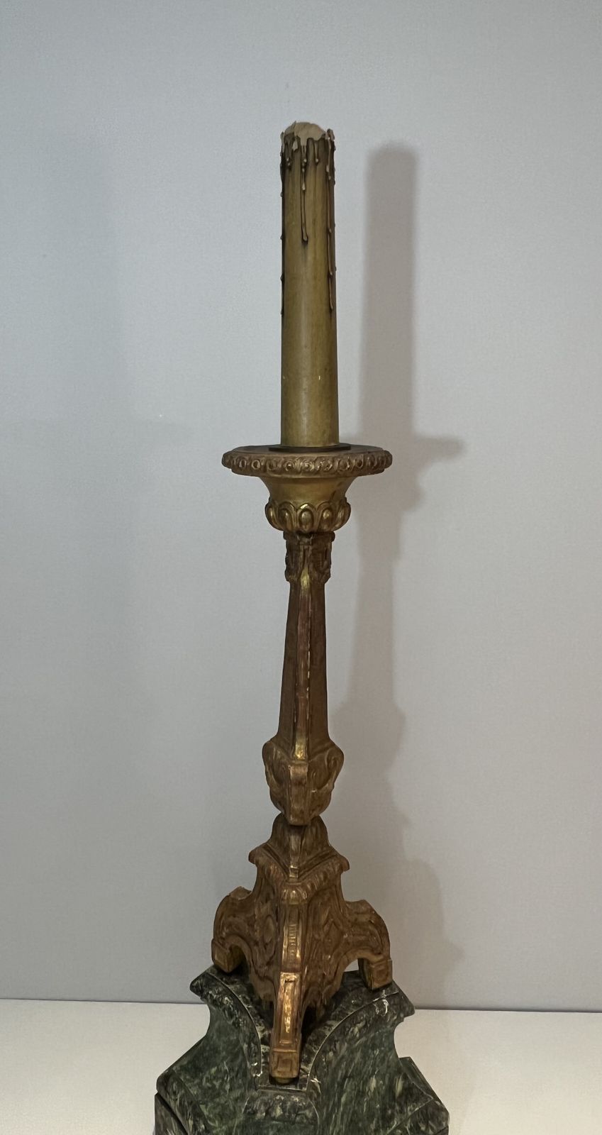 Large Candelabra In Carved Golden Wood On Patinated Base photo for sale