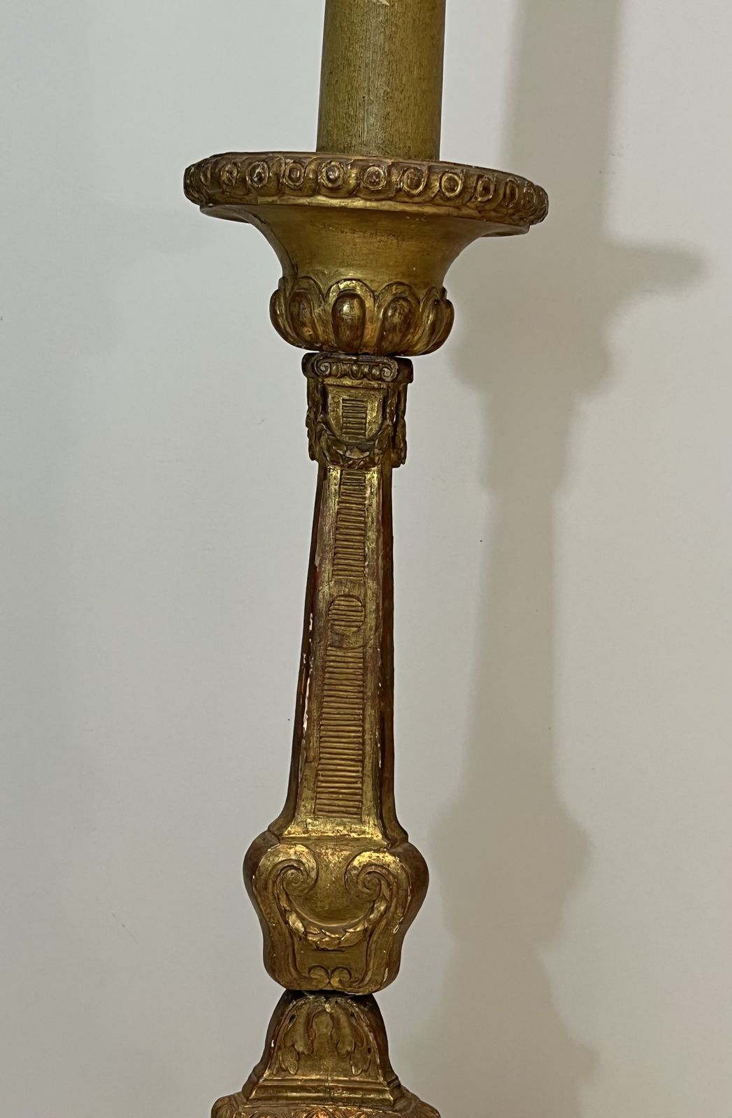 photo for sale Large Candelabra In Carved Golden Wood On Patinated Base