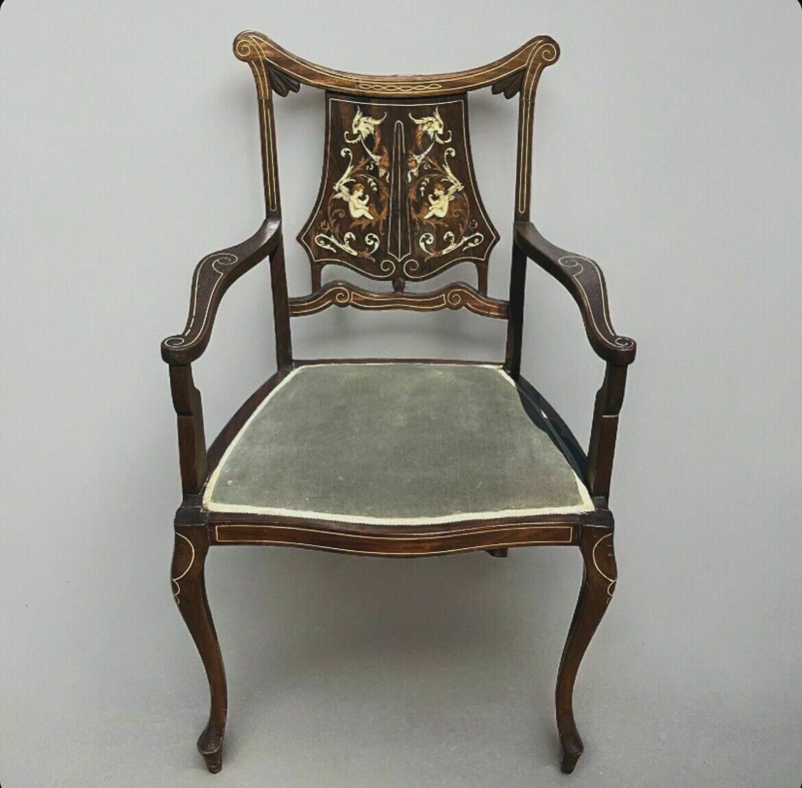 Edwardian Marquetry Inlaid With Cherubs, Mahogany Armchair , Superb Quality.