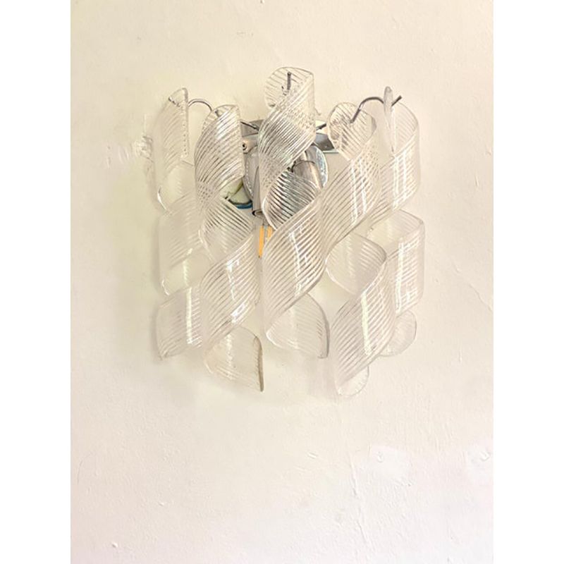 Set Of Two Transparent “Ricci” Murano Glass Wall Sconces In Mazzega Style photo vintage