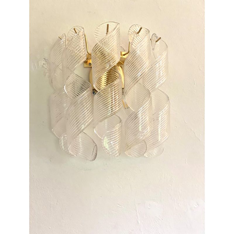 Set Of Two Transparent “Ricci” Murano Glass Gold 24k Wall Sconces In Mazzega Style photo vintage