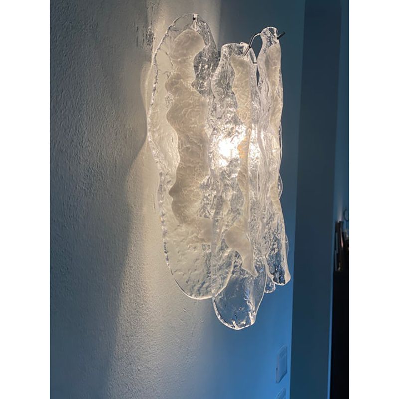 Set Of Two Transparent And White “Fiamma” Murano Glass Wall Sconces photo vinterior