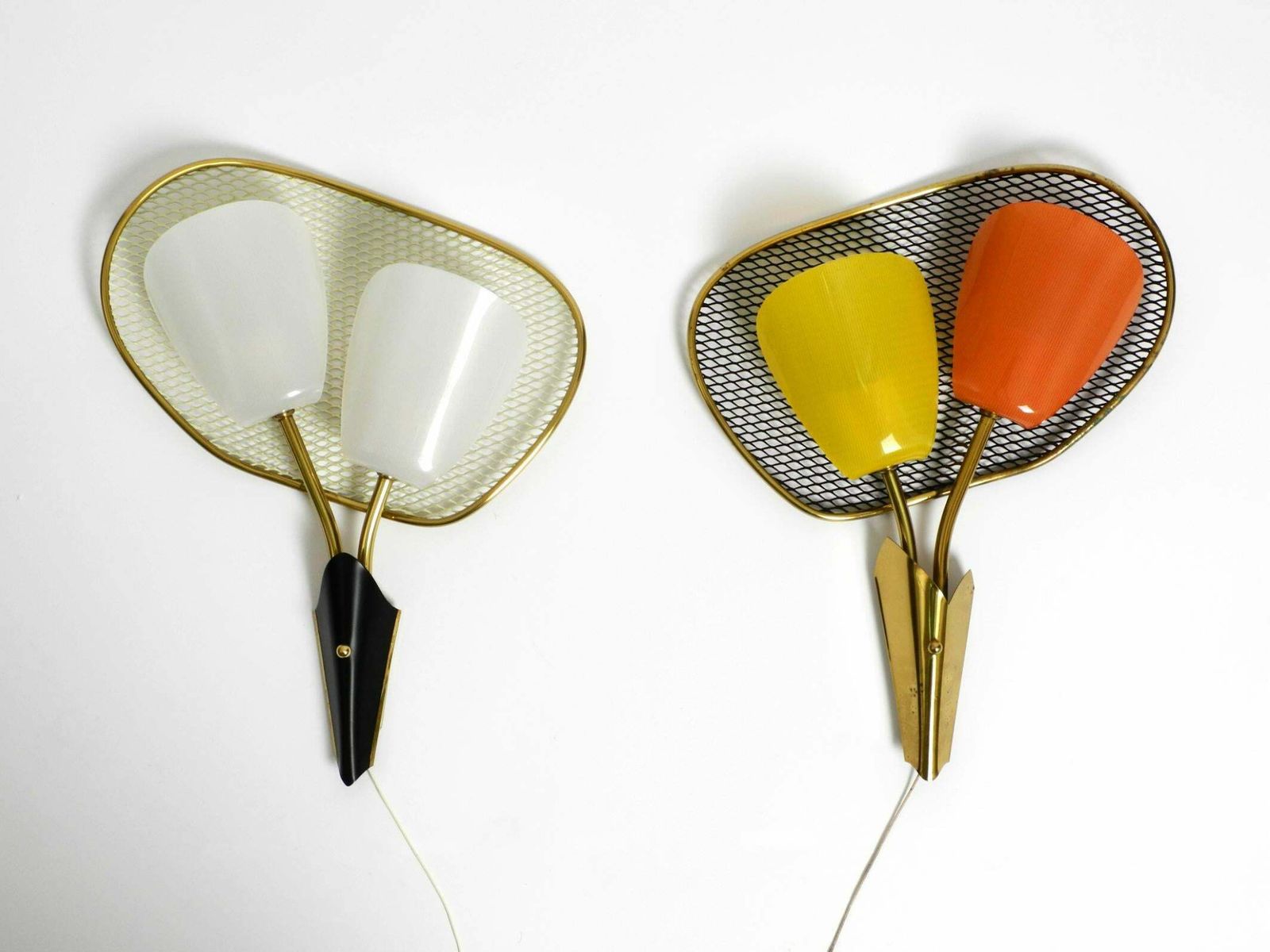 Pair Of Large Mid Century Expanded Metal Wall Lamps With Plexiglass Shades photo furniture