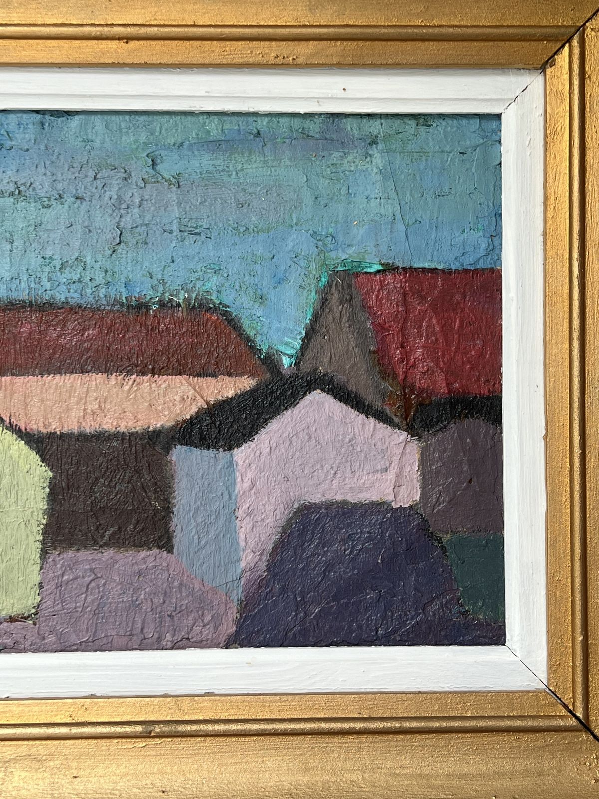 photo vintage Cubist Houses Oil Painting On Board  By Listed Swedish Artist