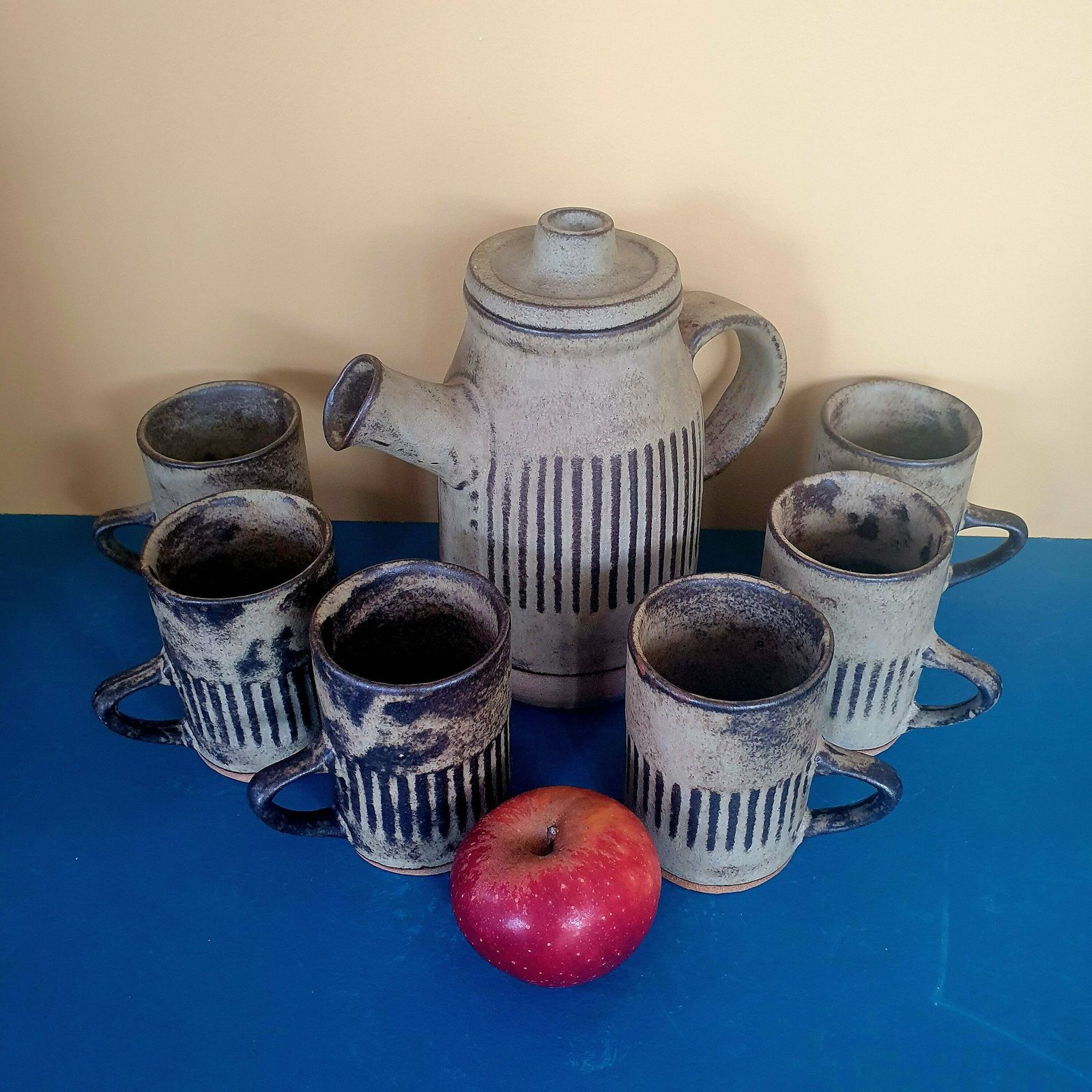 Vintage Tremar Pottery Teapot And 6 Mugs, Cornish Ceramics, 1970s