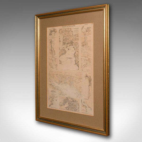 Antique Lithography Map, Coastal England, Framed Cartography Interest, Victorian photo for sale