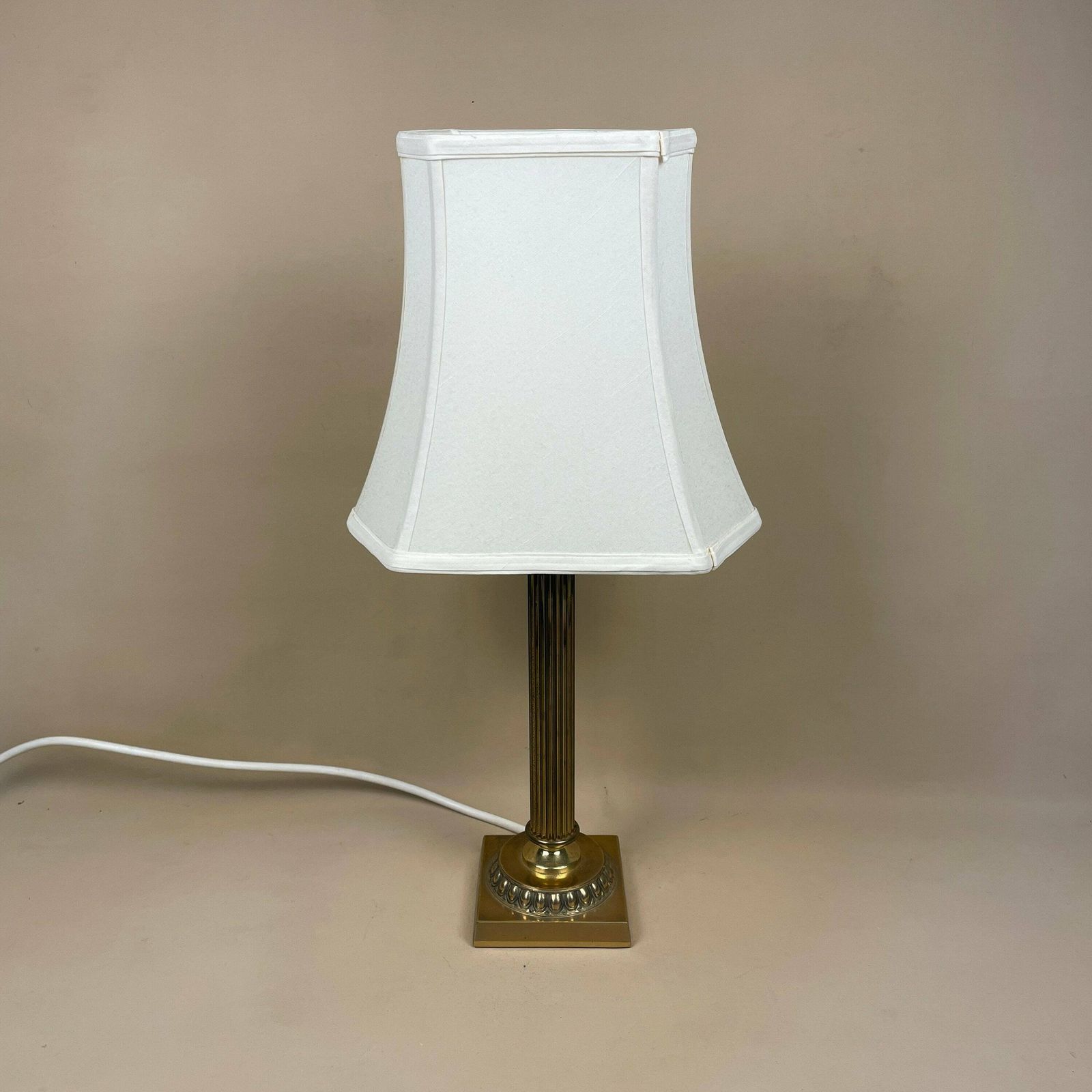 Antique Metal Gold Brass Lamp Light Bedside Side Table Desk Column Pillar Base Ornate Detail Medium Vintage Lampshade Shade Cream