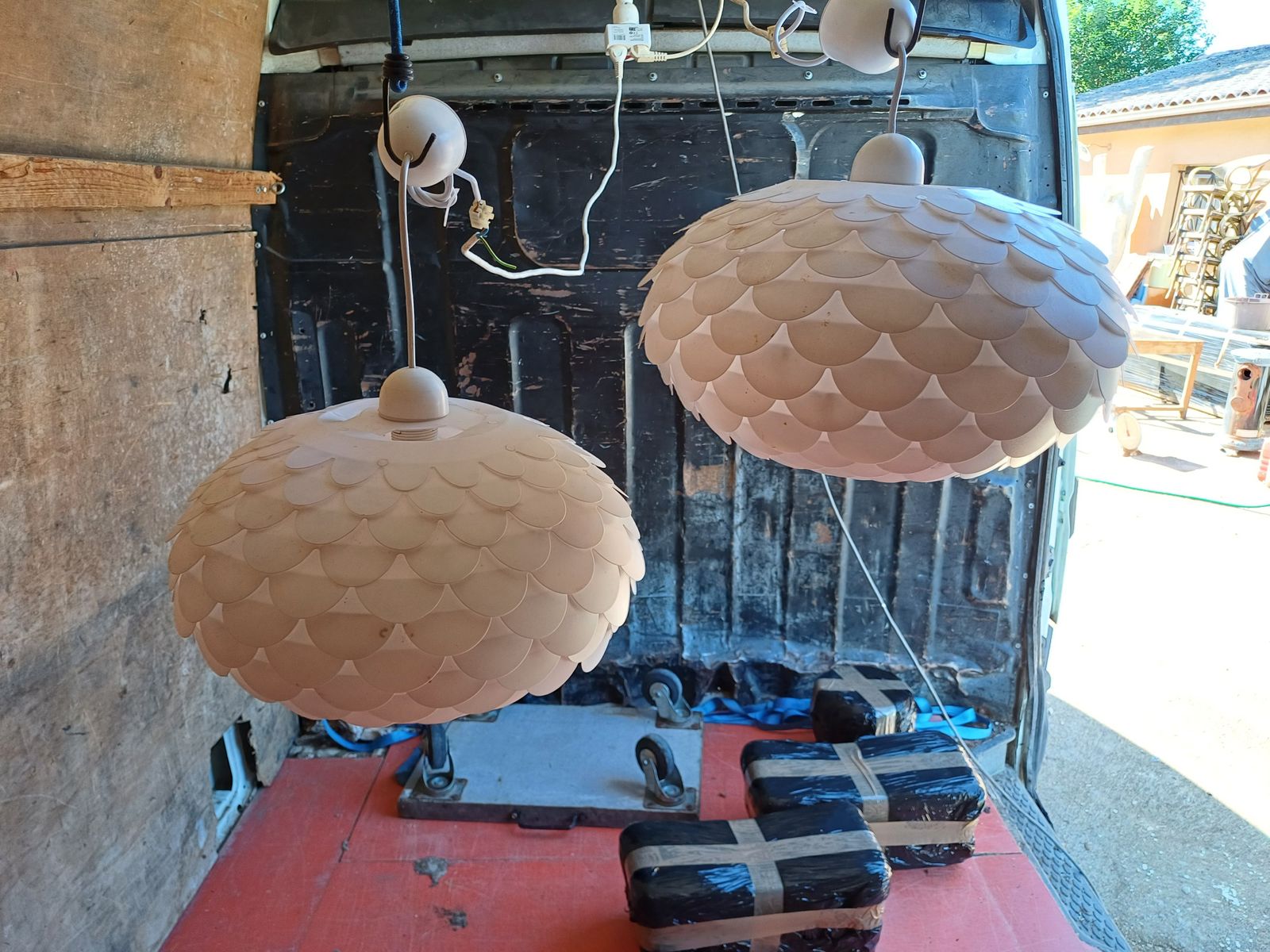 photo vinterior Pair Of Vintage White Plastic Pendant Lights
