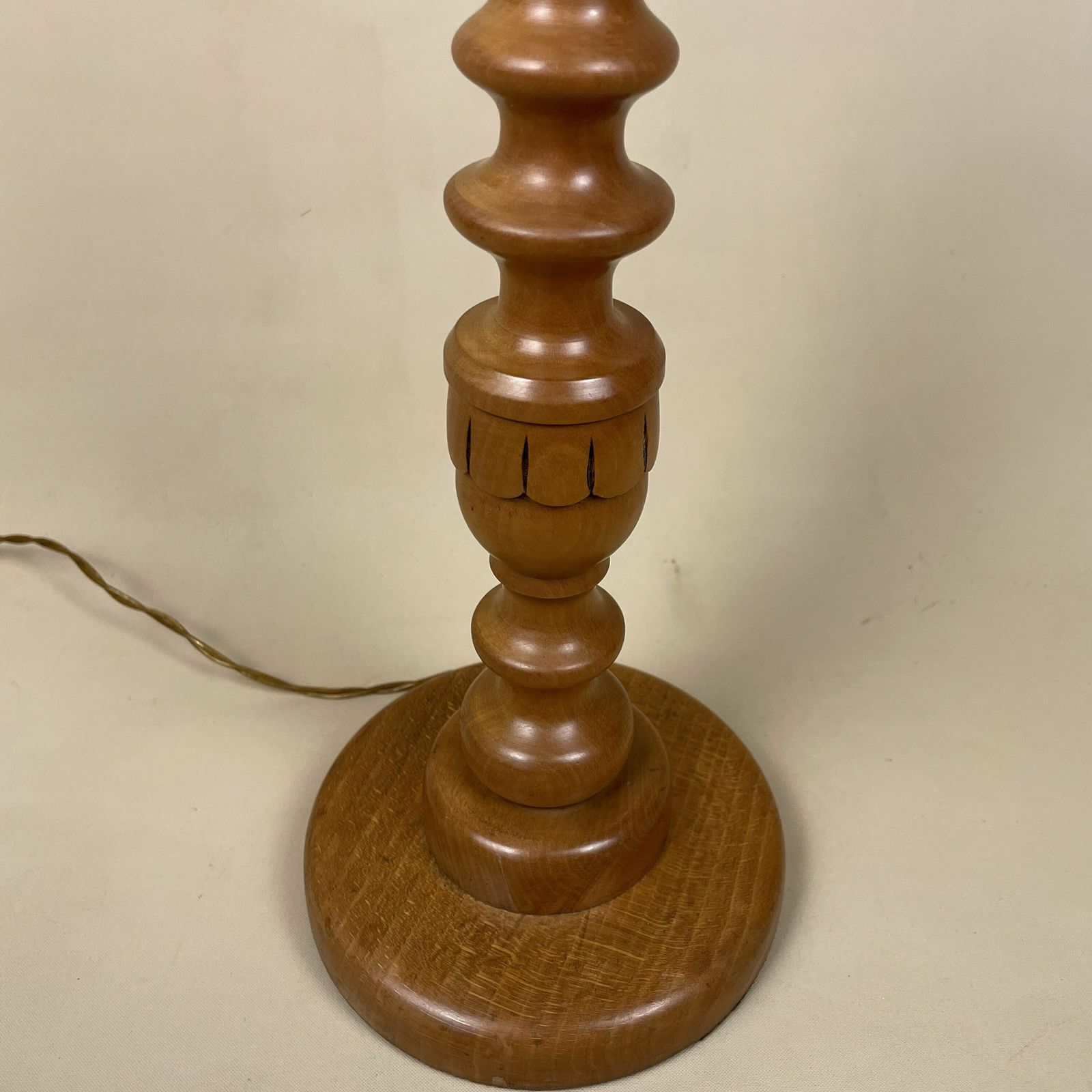 Antique Bauble Wooden Lamp Light Bedside Side Table Desk Column Round Base Vintage Brown Hand Carved Farmhouse Cottage Decor Wood photo vinterior