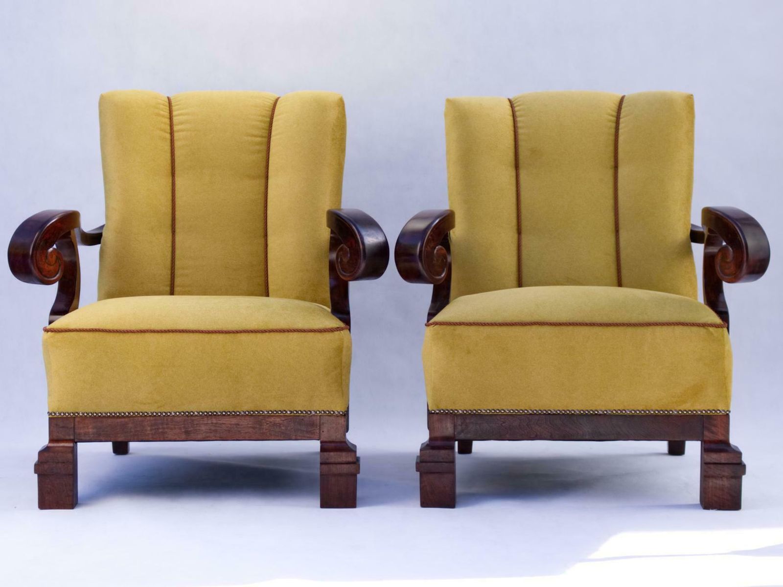 photo furniture Hand Carved Walnut Art Nouveau Armchairs, Circa 1920