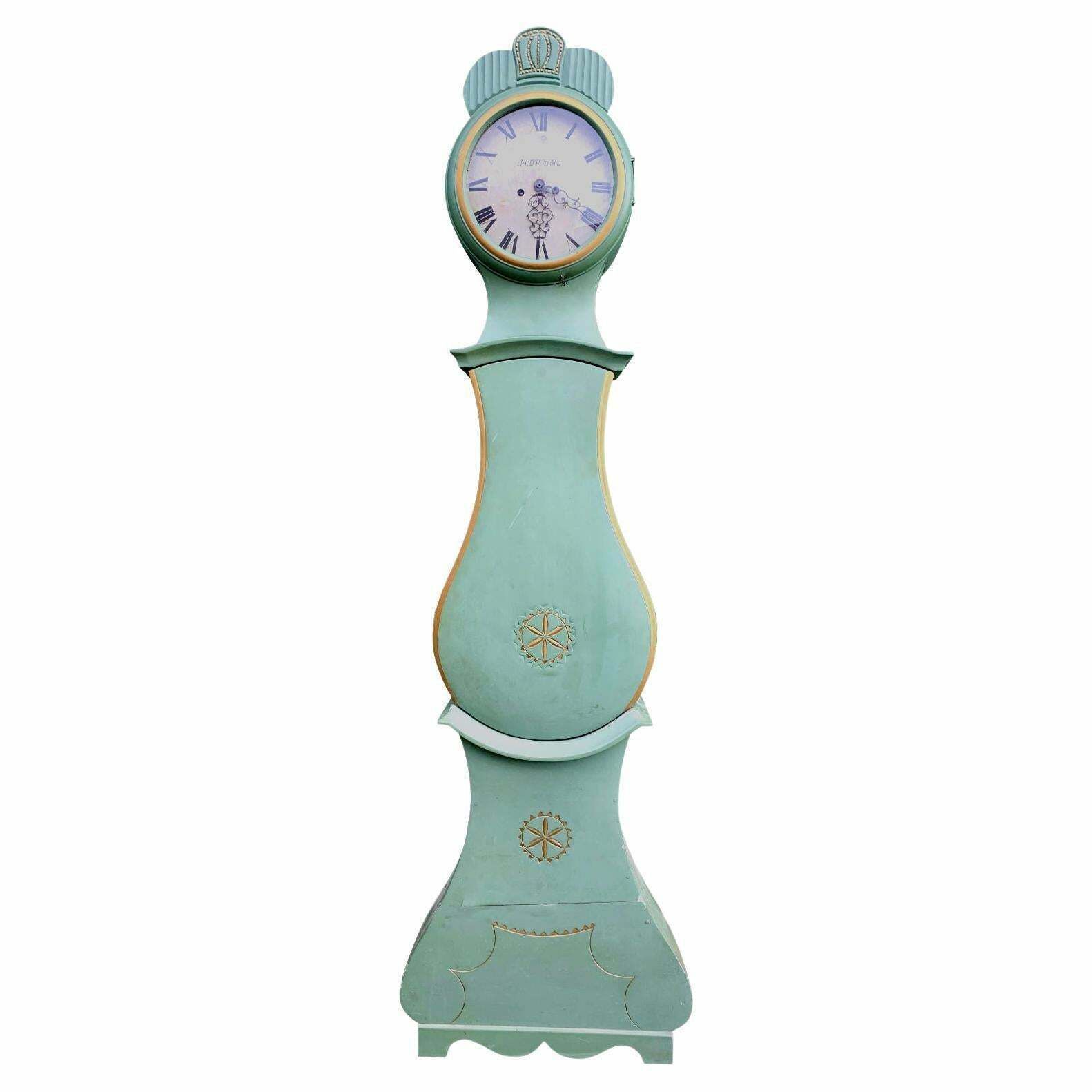 Swedish Antique Mora Clock Fryksdall Green Gold 1800s Gustavian Ekerstrom
