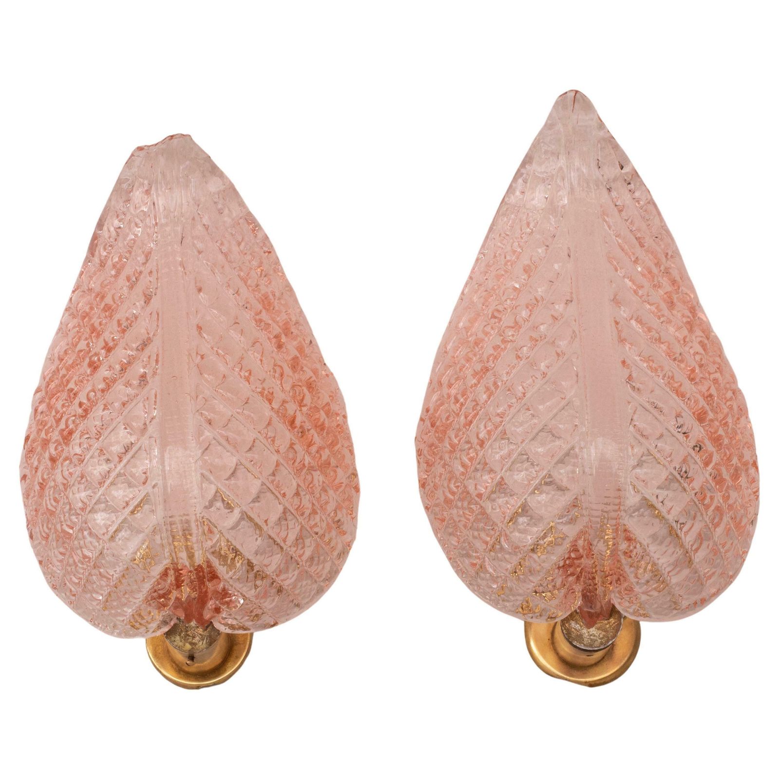 Set Of 2 Wall Light Pink Jewel Murano Glass Leave By Barovier E Toso, 1950s