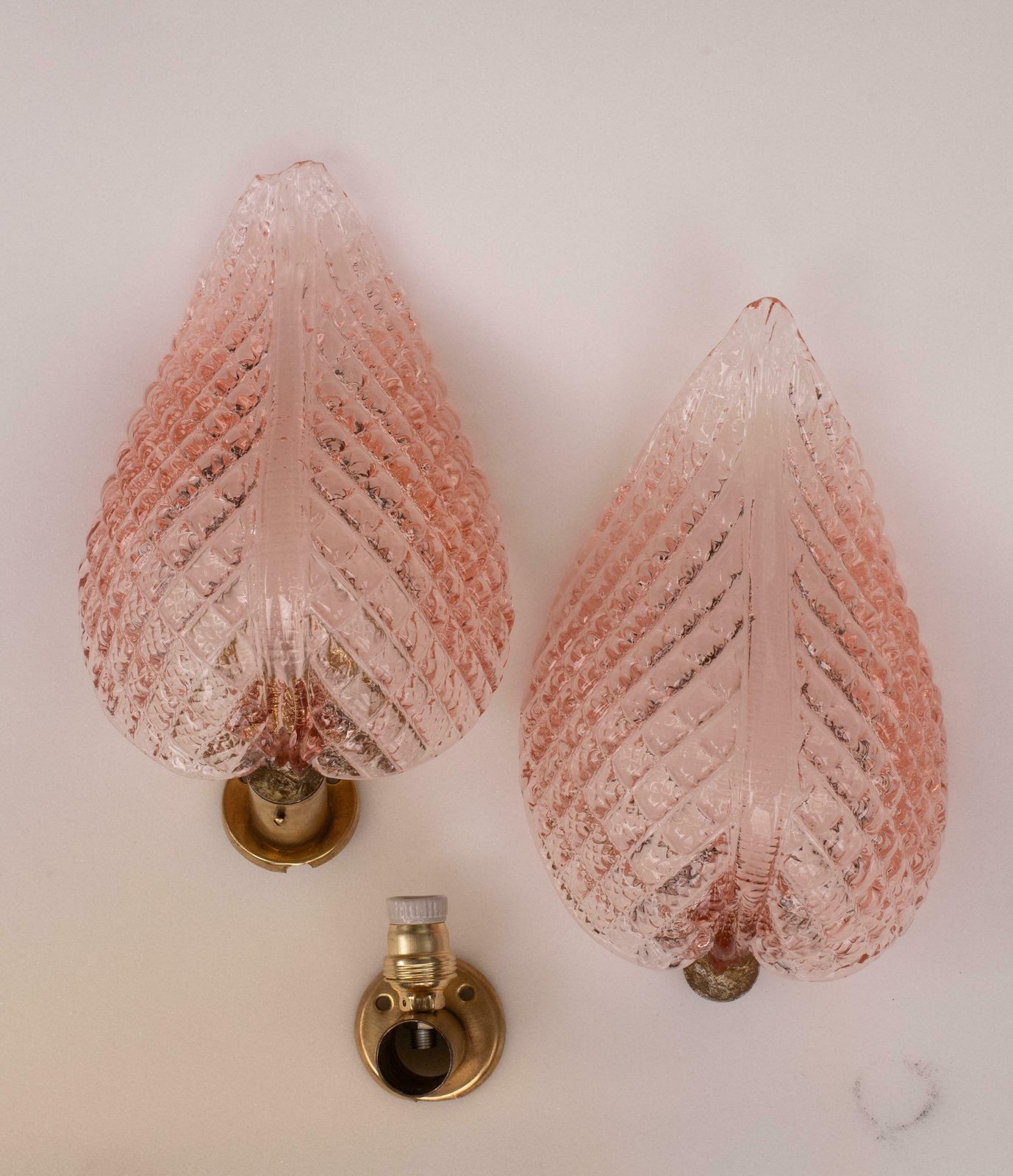 Set Of 2 Wall Light Pink Jewel Murano Glass Leave By Barovier E Toso, 1950s photo Lighting