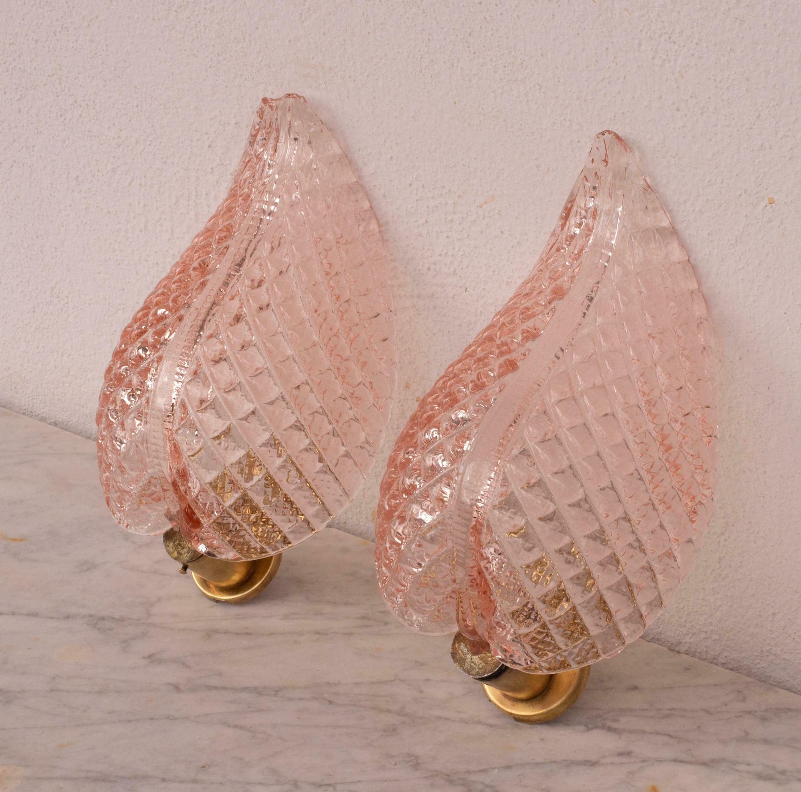Set Of 2 Wall Light Pink Jewel Murano Glass Leave By Barovier E Toso, 1950s photo vintage