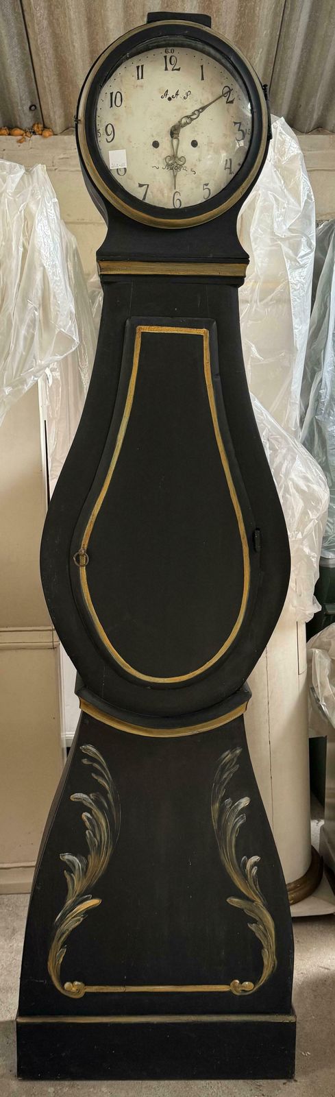 Swedish Antique Mora Clock Black Folk Art Feathers 1800s 203cm Aas photo Home Decor